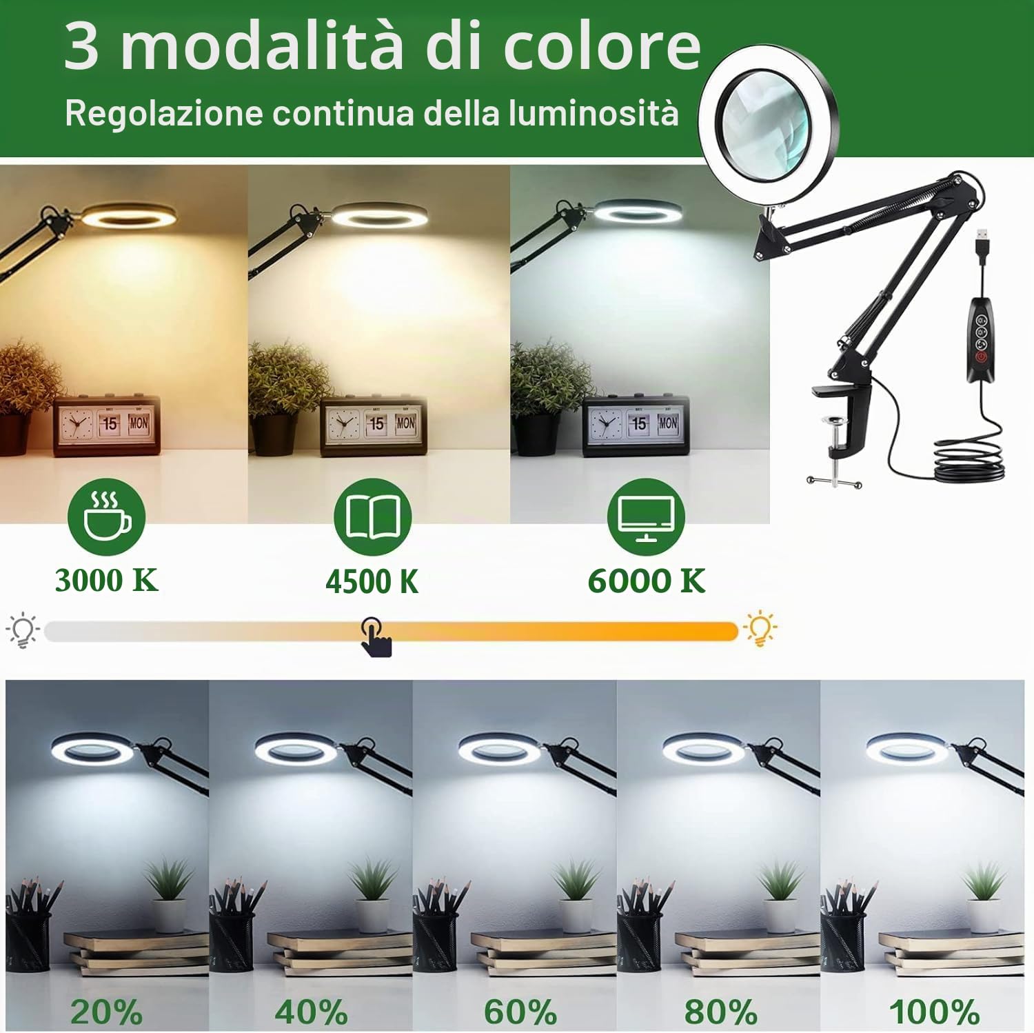 ZABOUL Lente d'ingrandimento con luce, 10 x 15 x lampada con morsetto telecomando, braccio regolabile lampada con lente d'ingrandimento cosmetica con 3 modalità di colori e dimmerabile