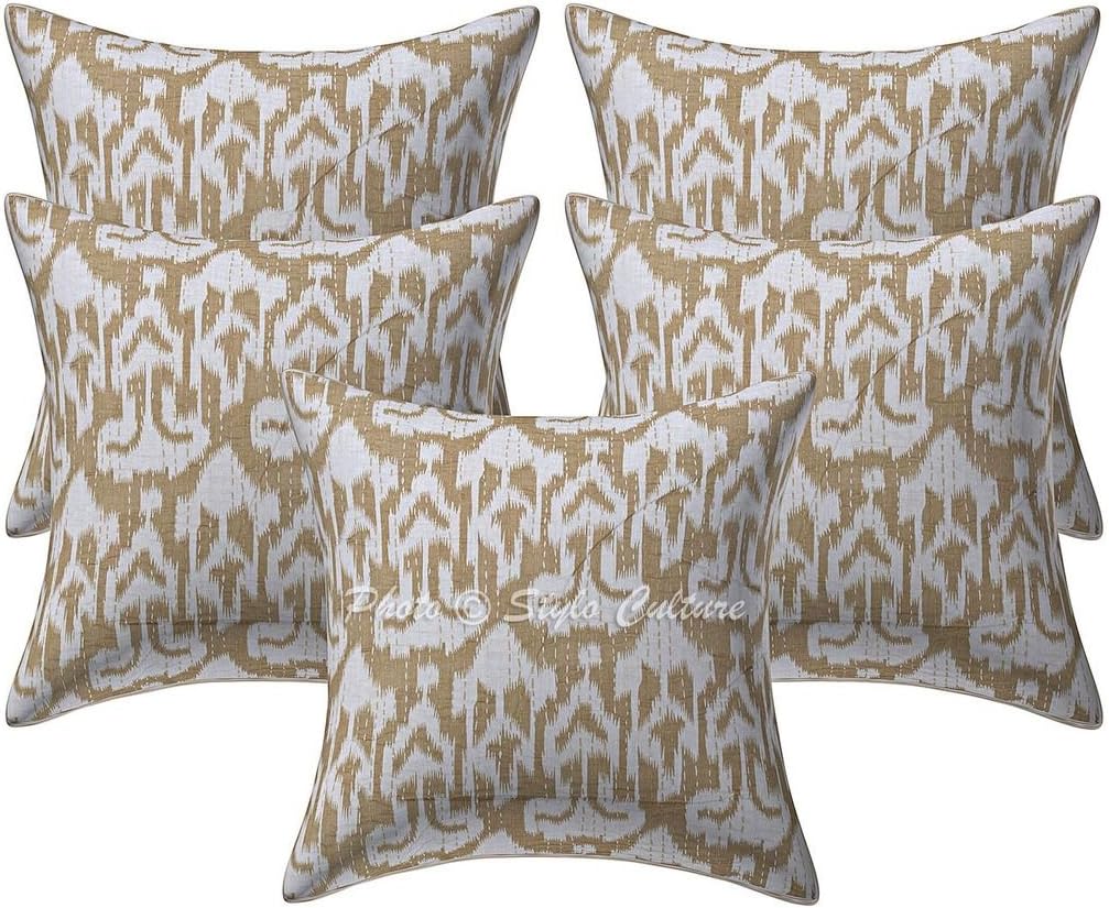 Indian Decorative Sofa Couch Toss Throw Pillow Cases 40x40 cm Cotton Bedroom Beige Ikat Printed Kantha Square Luxury Envelope Ethnic 16x16 Inch Cushion Covers - 5 Pcs