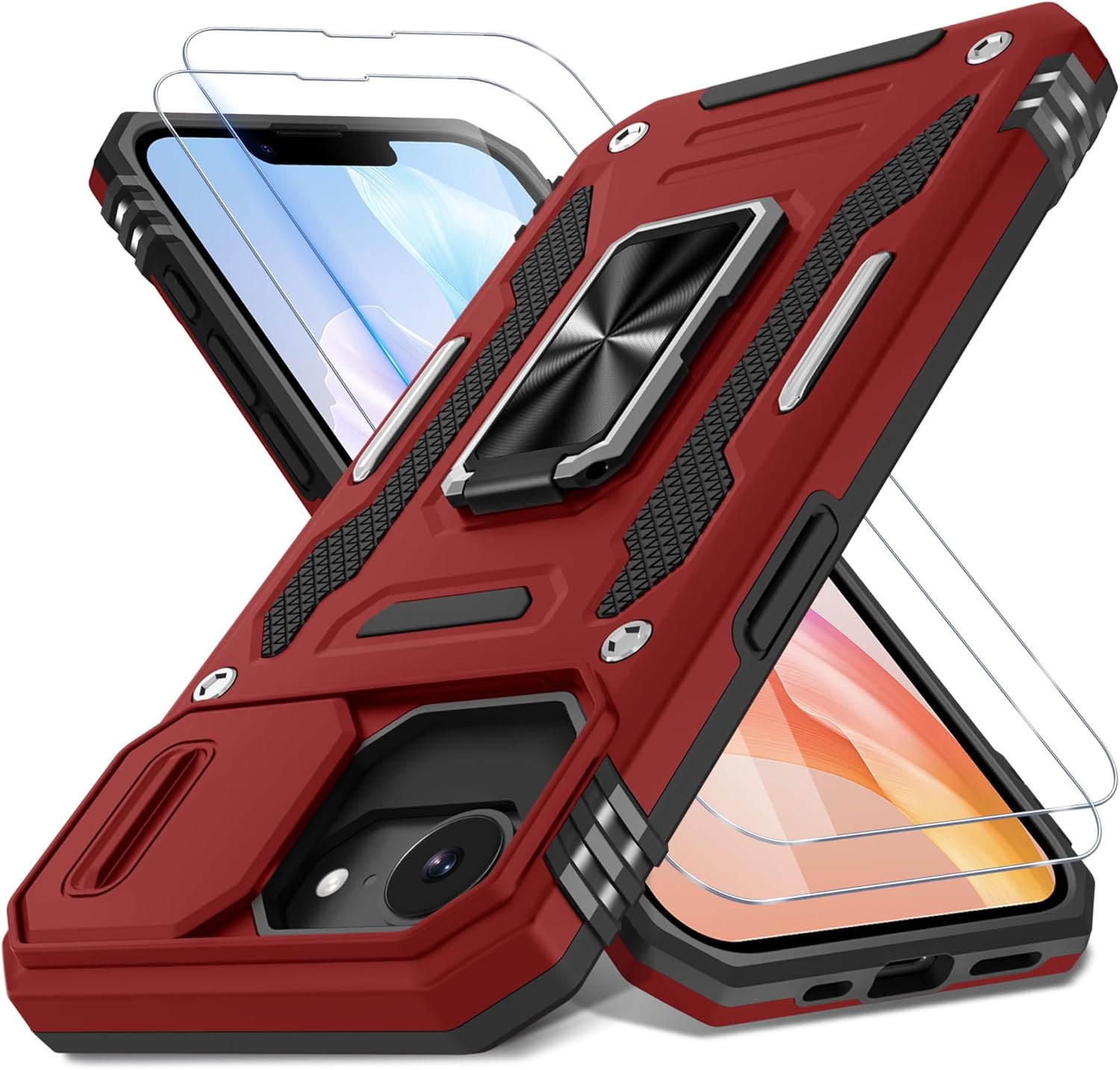 DEERLAMN Case for iPhone 16E with Slide Camera Cover+Screen Protector (2 Pack), Rotated Ring Kickstand Military Grade Shockproof Protective Cover for iPhone SE4 2025-Red for iPhone 16E 2025-6.1 Inch Red