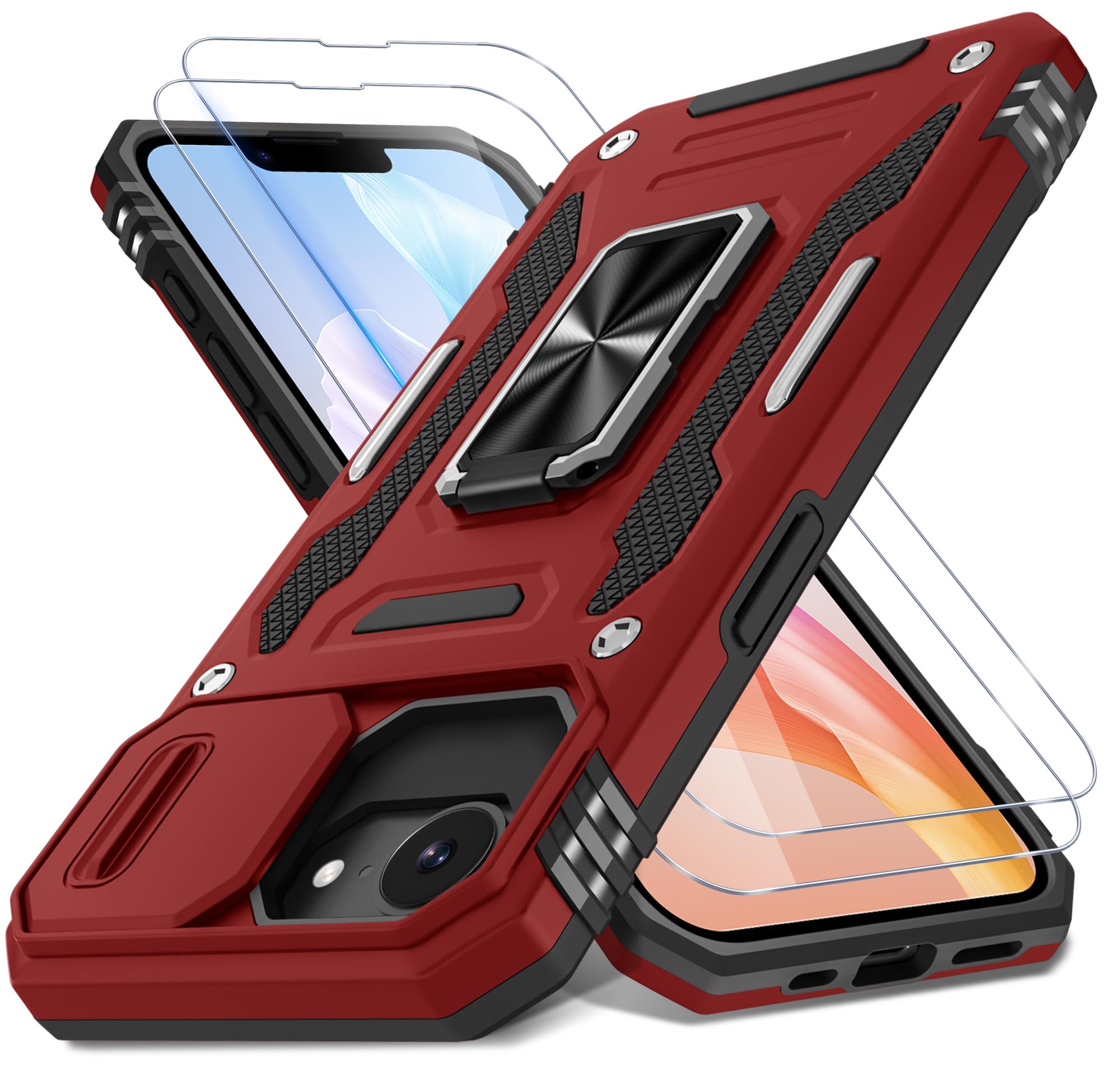 Photo 1 of DEERLAMN Case for iPhone 17e/iPhone 16e 6.1-Inch with Slide Camera Cover+Screen Protector (2 Packs), Rotated Ring Kickstand Military Grade Shockproof Protective Cover-Red