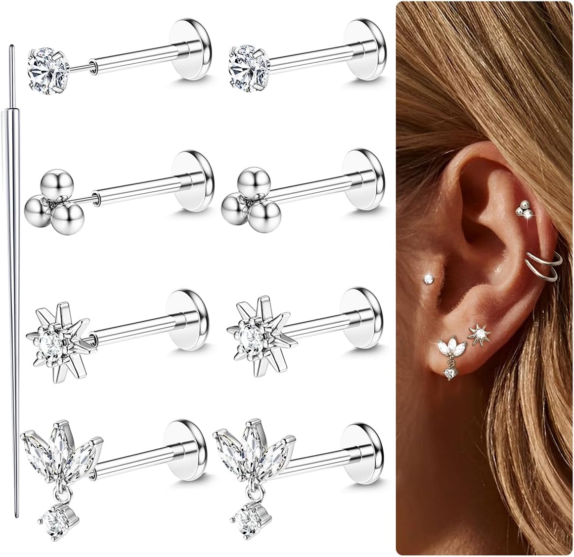 18K Gold Plated Threadless Flat Back Earrings Studs 316L Surgical Steel Push in Nose Studs Rings 20G 18G 16G CZ Tragus Cartilage Helix Conch Lip Labret Medusa Nostril Piercing Jewelry Hypoallergenic