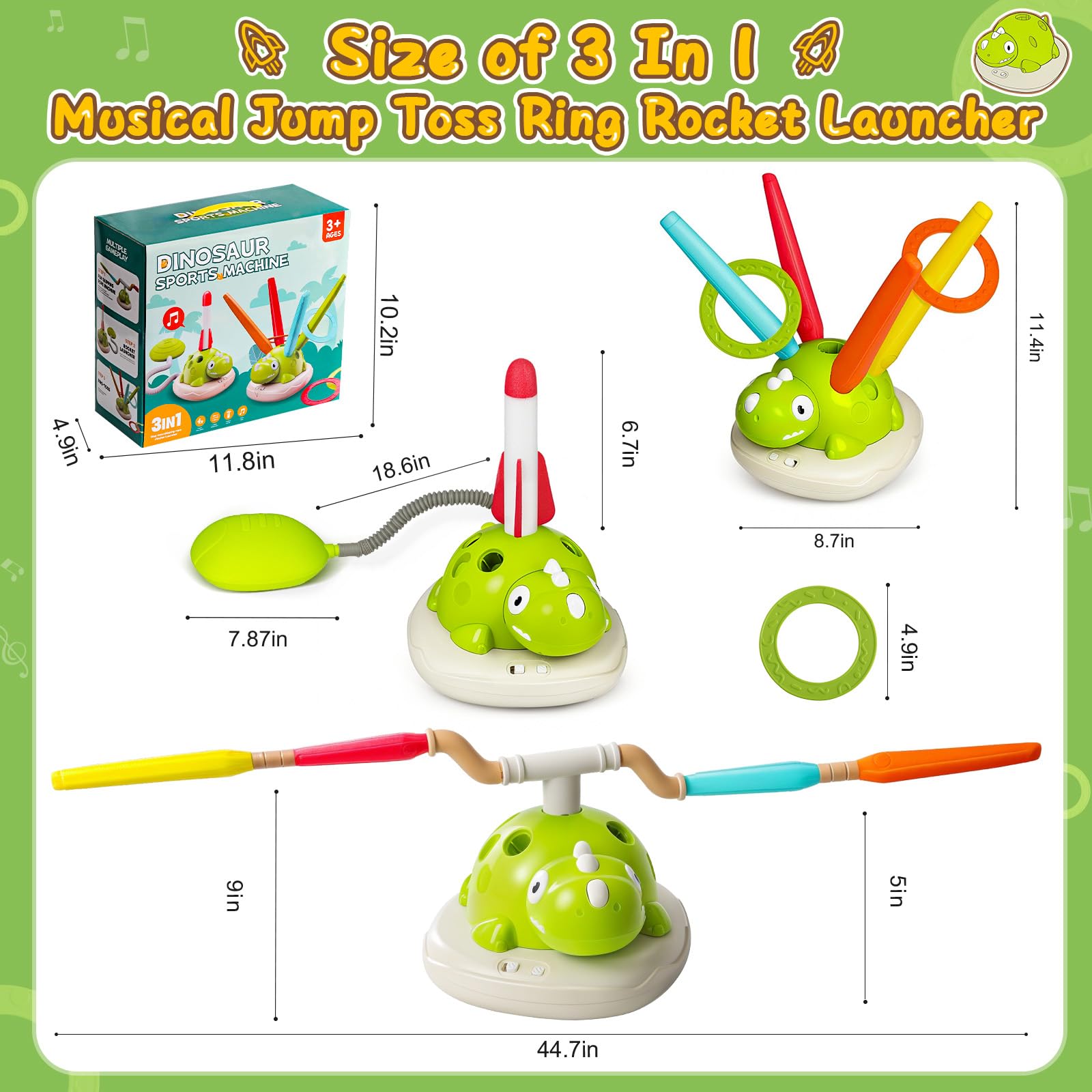 Salto musical 3 en 1, juego de anillo de lanzamiento y lanzador de cohetes de lanzamiento de pisoteo, juguetes al aire libre para niños de 3 a 6 años, motor bruto de salto para niños pequeños, juego