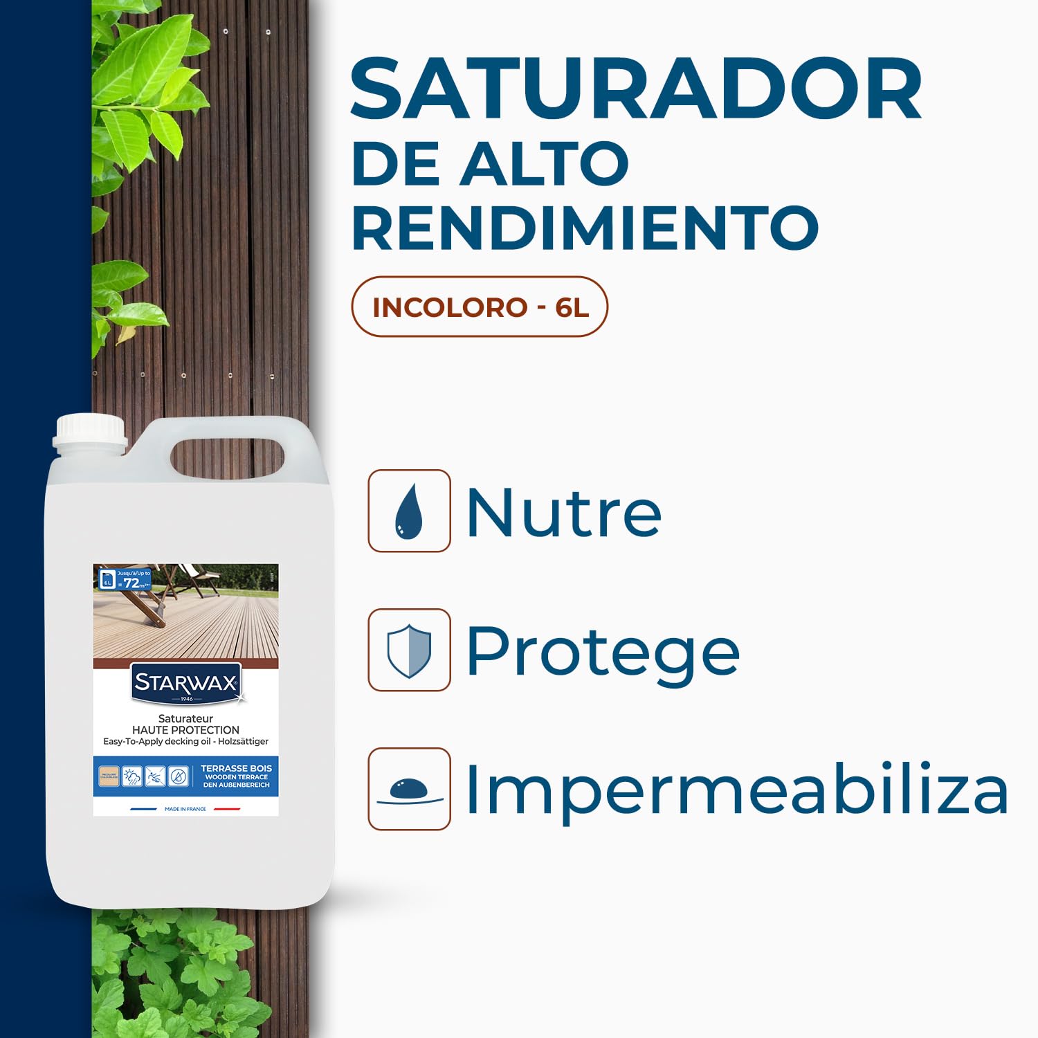 STARWAX - Saturador Alta protección - Incoloro - rápido - Protege y nutre en profundidad las fibras de la madera - Resistente a la intemperie - Secado rápido - Sin olor - 6L