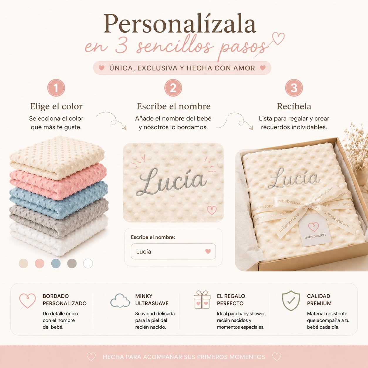 mibebestore Manta Bebe Personalizada Nombre Bordado Terciopelo Suave 80x110 para Cuna Cochecito Capazo Multiusos Facil Lavado Regalo Baby Shower Bautizo Recien Nacido Abrigo Fabricado en España