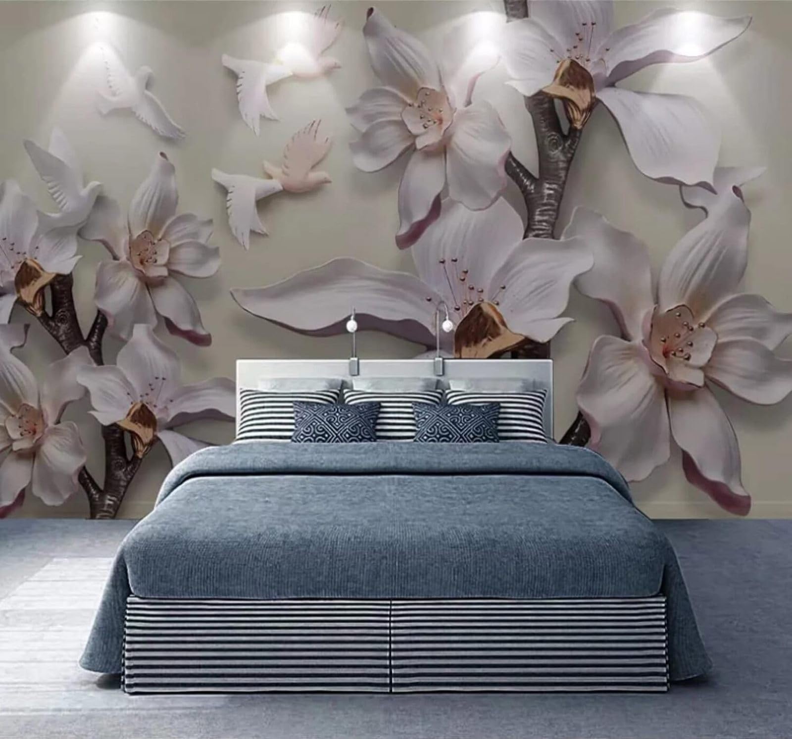 XLMING Three Dimensional Relief White Magnolia Birds 3D Wallpaper Luxury Silk Study Dining Feature Sofa Grey Bedroom Living Room Tv Decorative Wall-430cm×300cm