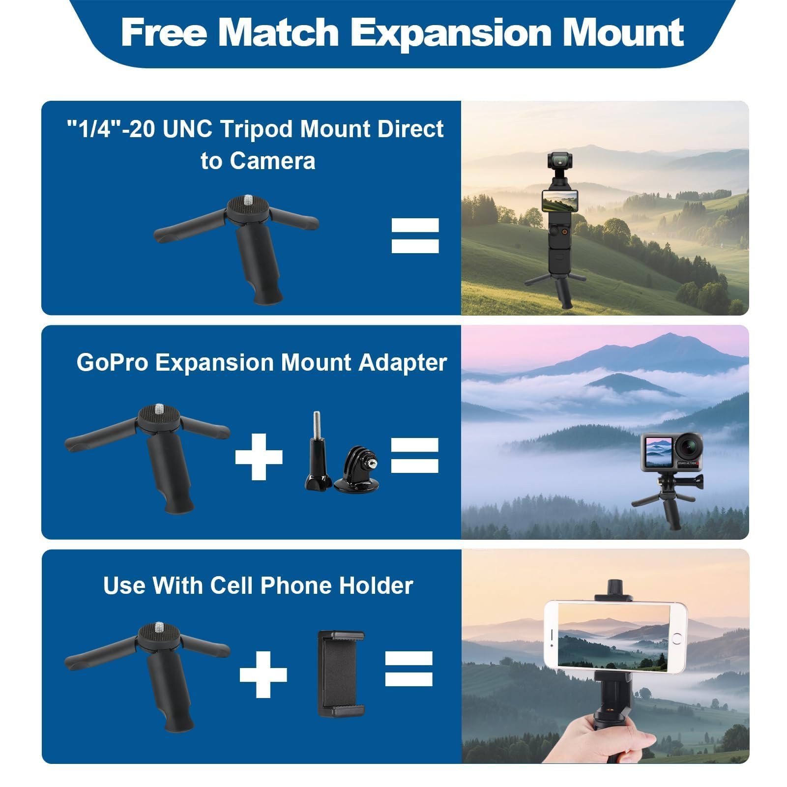Mini Trépied avec vis 1/4 pour DJI Osmo Pocket 4/3, Mini Trépied Vlog Antidérapant Stabilisateur Appareil Photo Reflex Bureau Support de Table Compact Trépied pour GoPro Insta360 Action 6/5