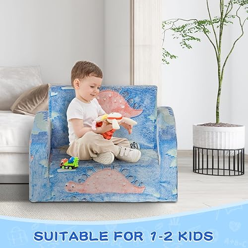 Miniatura 7 de JINHILL Sofá para niños, silla infantil 2 en 1, sofá plegable para jugar, para niños y niñas, silla de felpa extrasuave y cama (dinosaurio)