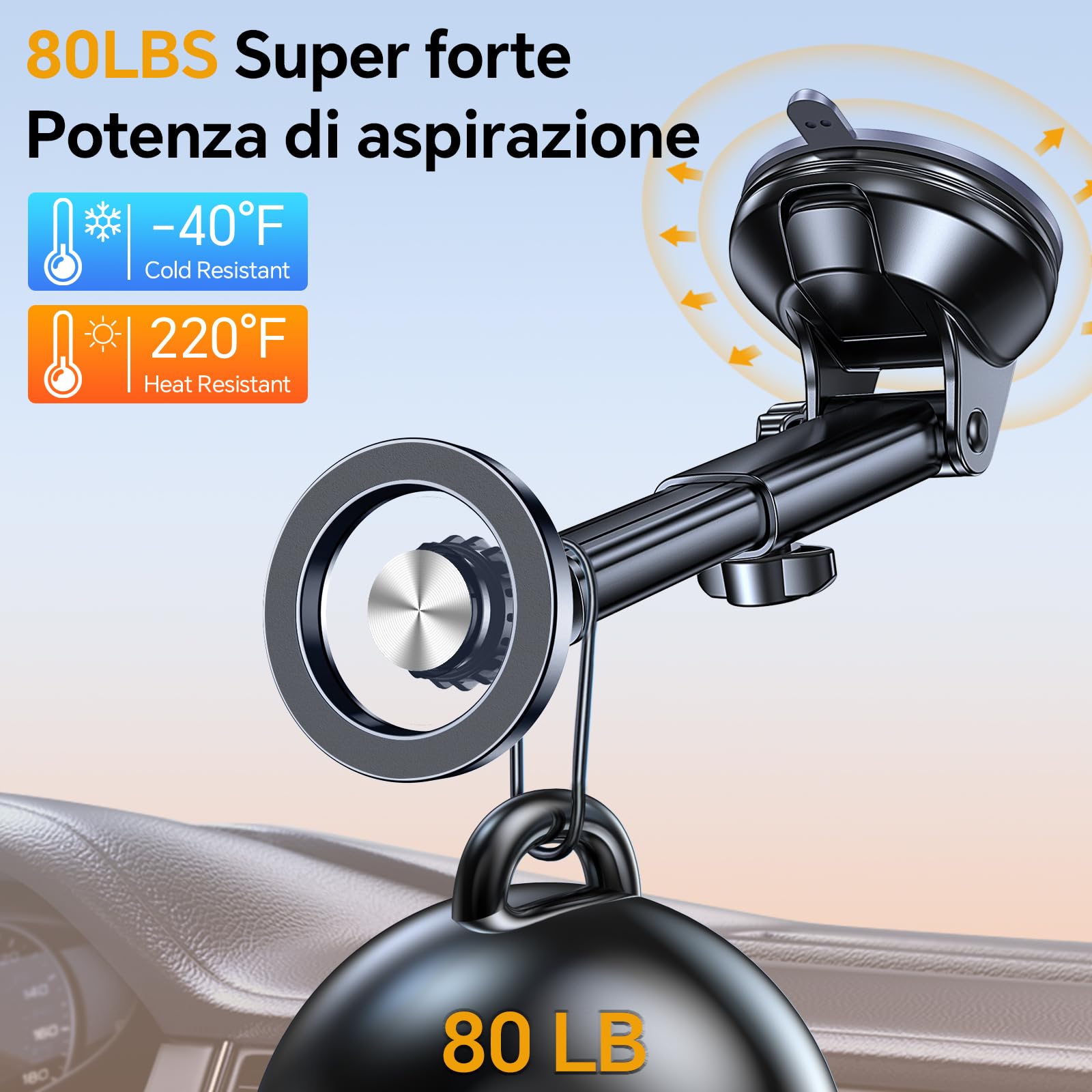 Coolpow Supporto Telefono Auto per MagSafe [20X N55 Magneti] Porta Cellulare Auto Magnetico,[Forte Aspirazione] 360°Estraibile Porta Telefono Auto per Parabrezza/d'Aria Bocchetta/Cruscotto per iPhone
