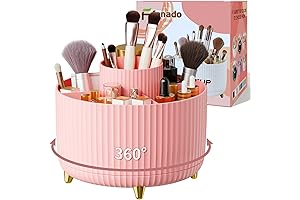 Pink Makeup Holder: 360° Rotation Organizer for Vanity and Desktop