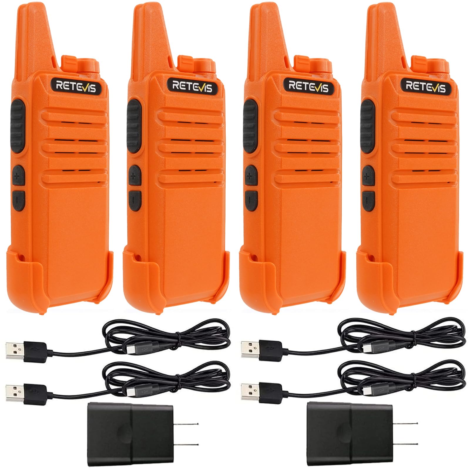 RT22 Rechargeable Walkie Talkies, Long Range Two Way Radio for Adults, Portable Handheld Radio, Voice Activated, Emergency Alarm, Upgraded Type-C Charing, Outdoor Hiking Travel(4 Pack, Orange)