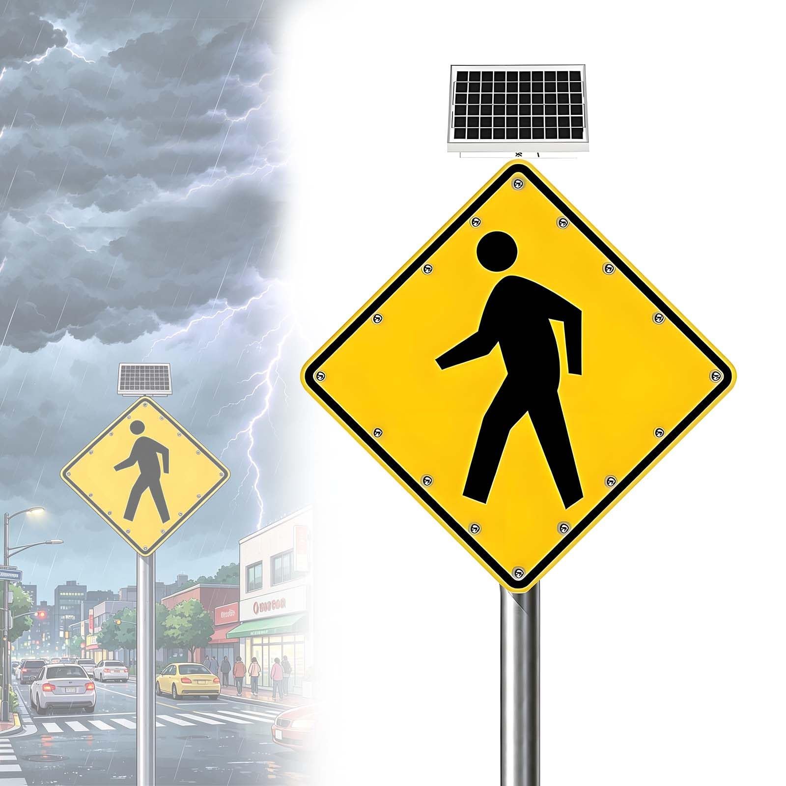 QFGain Pedestrian Crossing Solar Flashing Sign, 5.5V Monocrystalline Panel & 6.6AH Battery, 7 Flashing Modes Road Light, for Construction Zone 24in