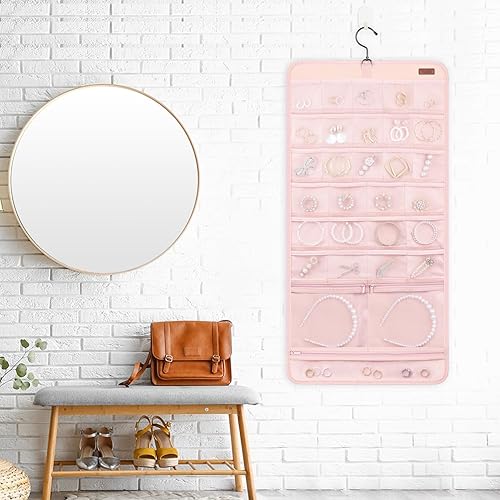 Miniatura 6 de Sopito Organizador de joyas colgante, organizador plegable de doble cara con ganchos de metal para collares, anillos y aretes