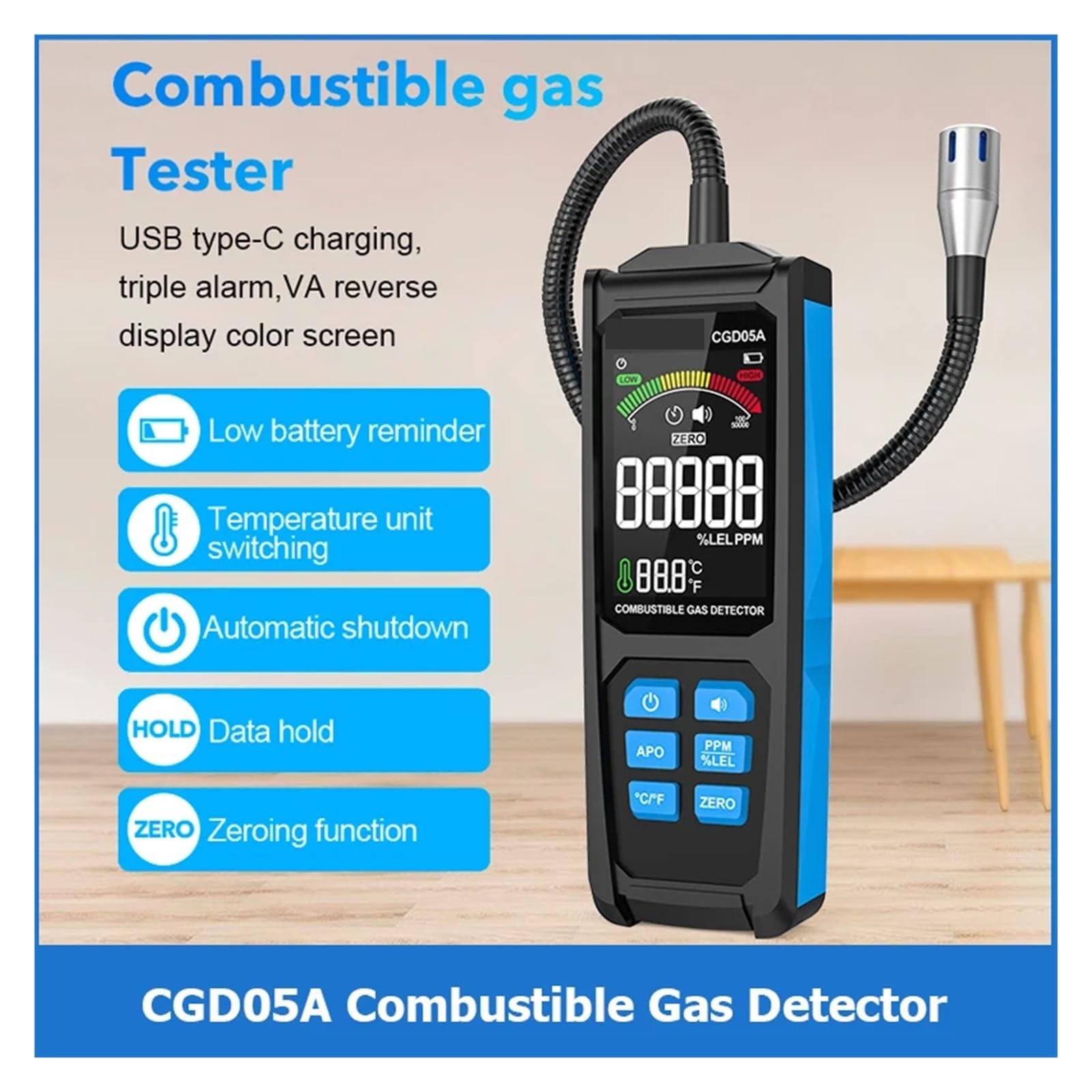 Detector de Gas, Detector de fugas de gas portátil con pantalla de carga, analizador de gas, medidor de GLP, medidor de fugas natural con triple alarma