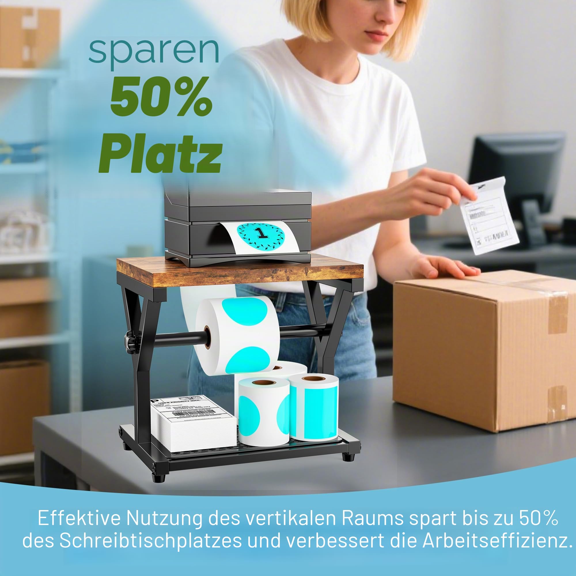 Thermo-Etikettenhalter für Rollen und Fächerfalz-Etiketten, Holzaufkleber-Rollenhalter für Thermodrucker, Desktop-Versand-Etikettenständer, Organizer, Zubehör für Heimbüro, kleine Unternehmen (Holz)