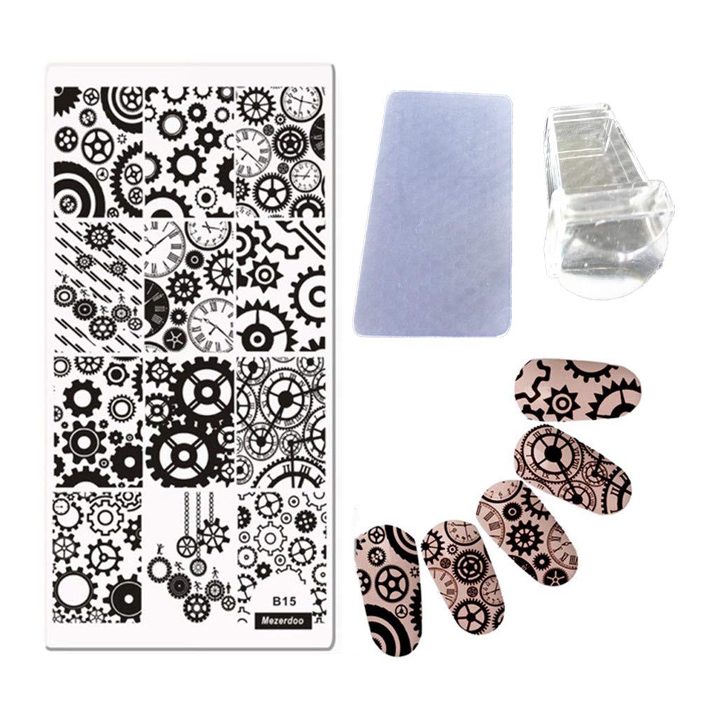 Mezerdoo Nail Stamper 3D DIY Nails Art Stamp Template Image Plates Stamping Plate Templates Polish Plates Gear Wheel Nail Stencils Clear Nail Stamper Scraper Set (stamper 6, MezerdooB15)