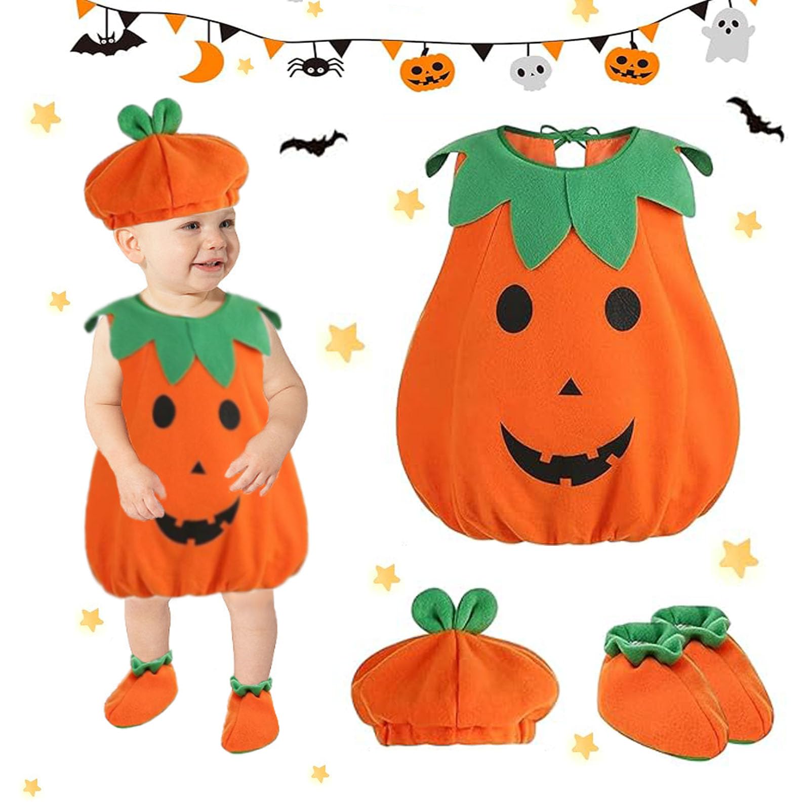 Costume da zucca per bambini, Zucca Halloween, completo di cappuccio, borsa a forma di zucca e copriscarpe, adatto a bambini dai 3 ai 7 anni per Halloween, feste di carnevale e giochi