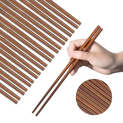 Wooden Chopsticks Reusable Dishwasher Safe 10 Pairs Chinese Asian Korea Iron Wood Handmade Chopstick Natural Healthy for Cooking Eating Restaurants Gourmets Noodles Portable Long Brown - Brown