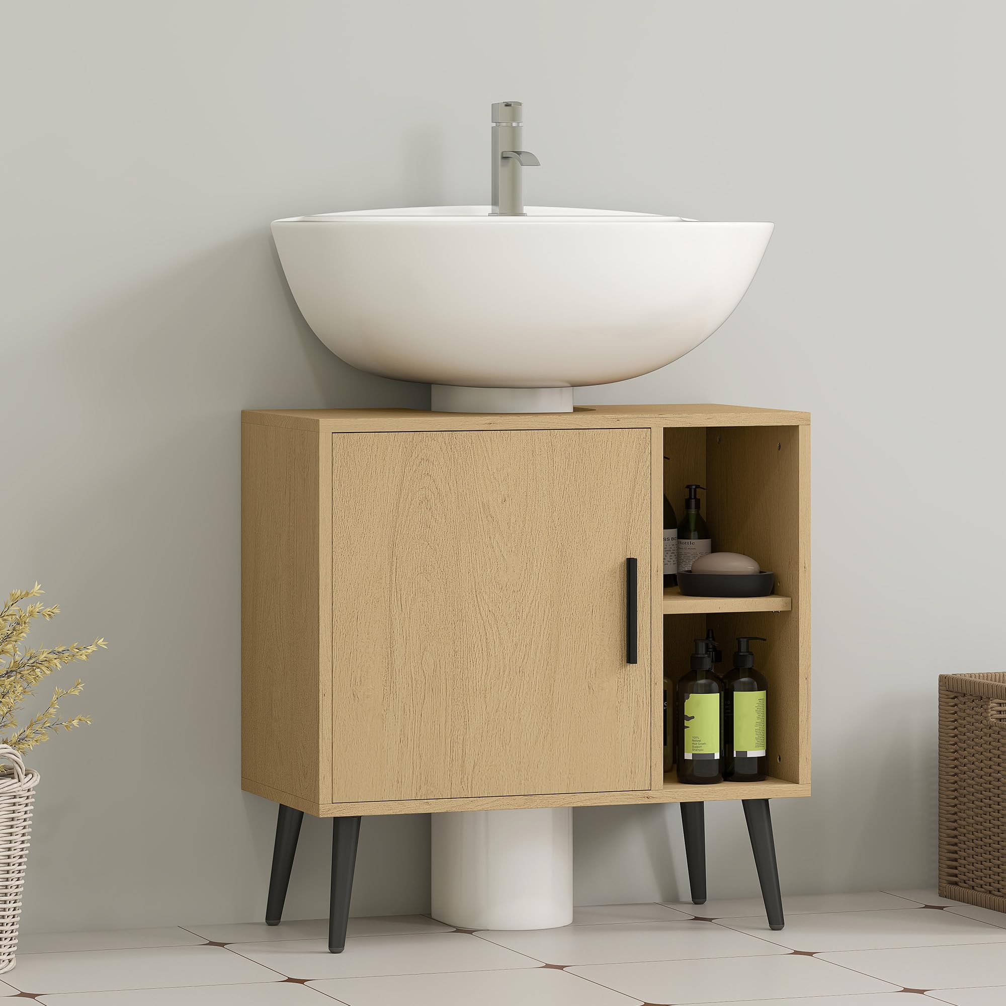 HOMCOM Meuble sous lavabo Salle de Bain, Meuble sous Vasque Industriel avec Porte à Fermeture Progressive et étagère réglable, 60 x 30 x 59,5 cm, chêne