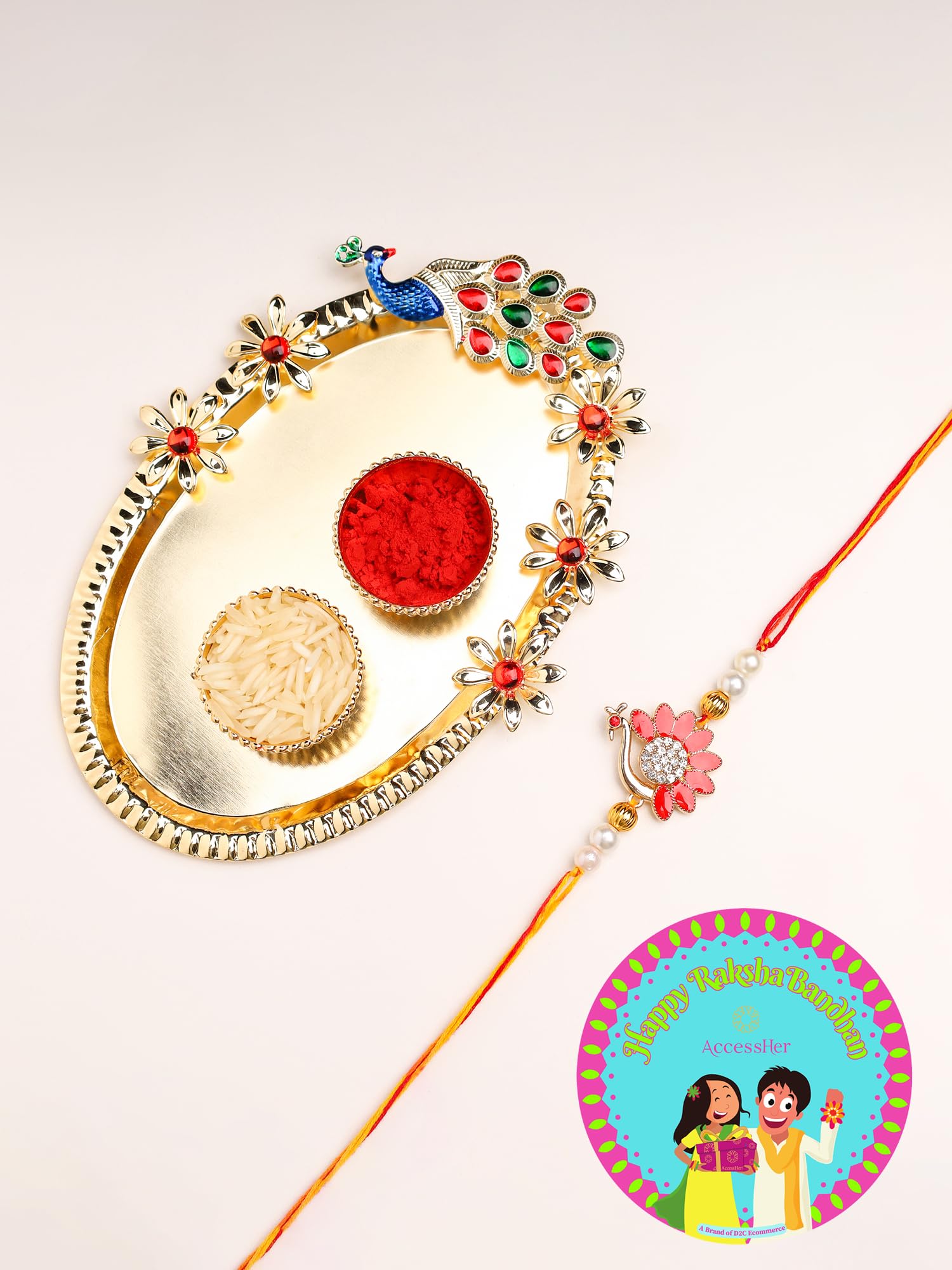 Enamel Peacock Rakhi with Pooja Thali - Pack of 1