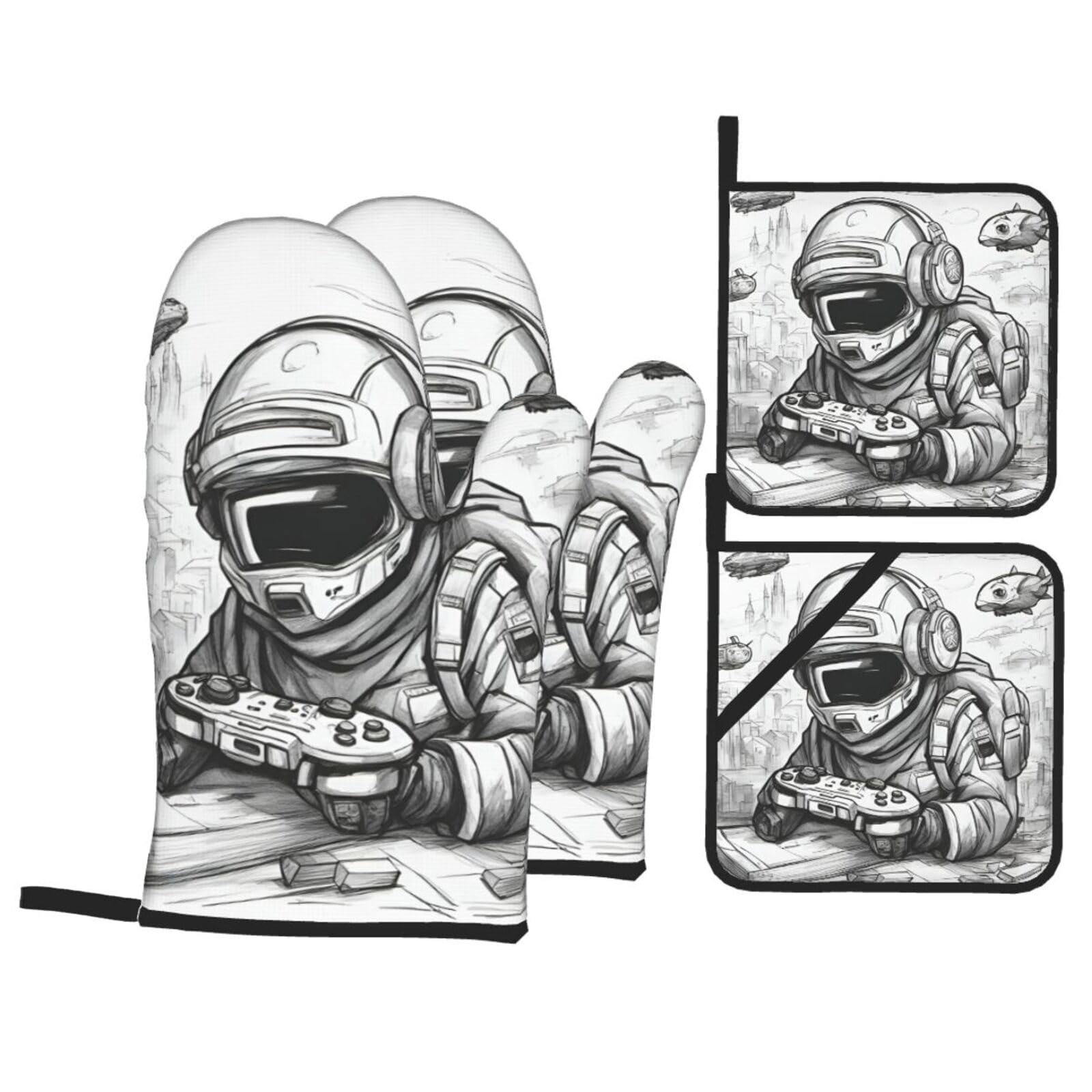Nimongt Black Monochrome Sketch Style Gaming Print Heat-Resistant 4-Piece Oven Kitchen Gloves For Baking Cooking Microwaving Essentials