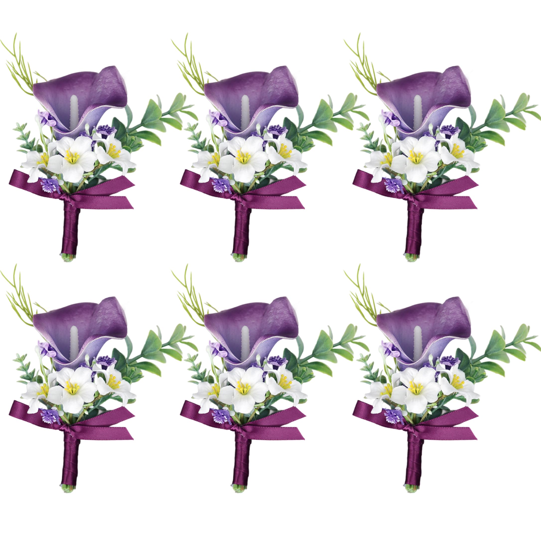 Fertnouk Calla Lily Boutonniere, 6pcs Real Touch Artificial Flowers, Purple