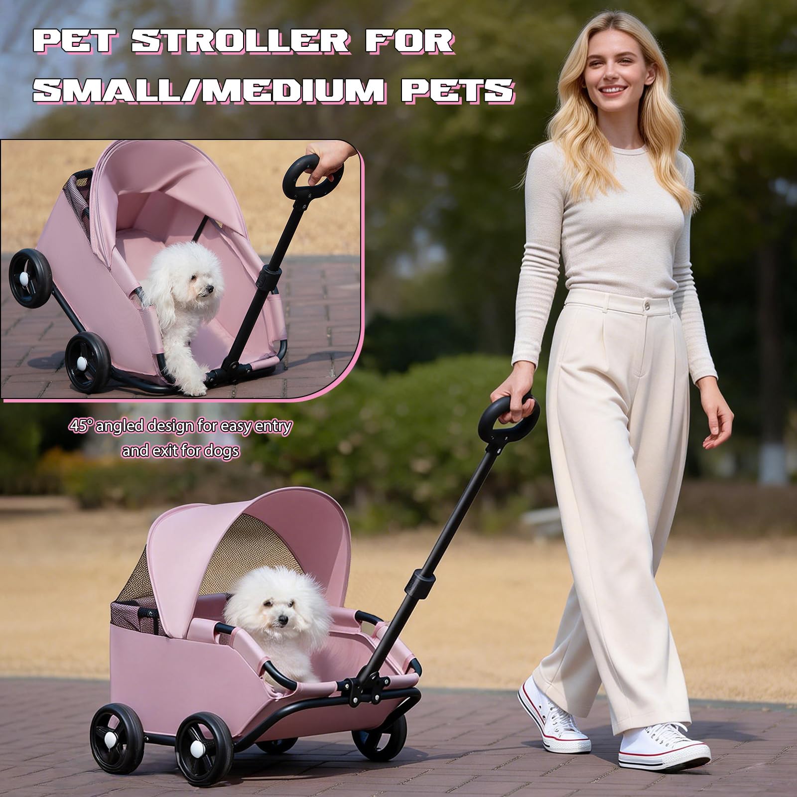 Chariot pour chien pliable à 4 roues avec barre pivotante à 360 ° - Chariot pour chat avec visière - Mini poussette pour animaux de compagnie - Tissu Oxford 600D (rose)