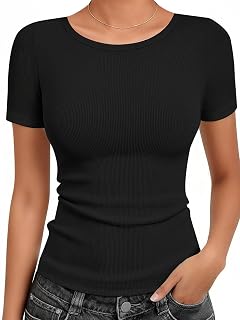 Cotton Ribbed Basic T Shirts for Women,Slim Fit Crew Neck Short Sleeve Summer Shirts,Solid Plain Tops, Undershirts - Amazon product rated Grade A