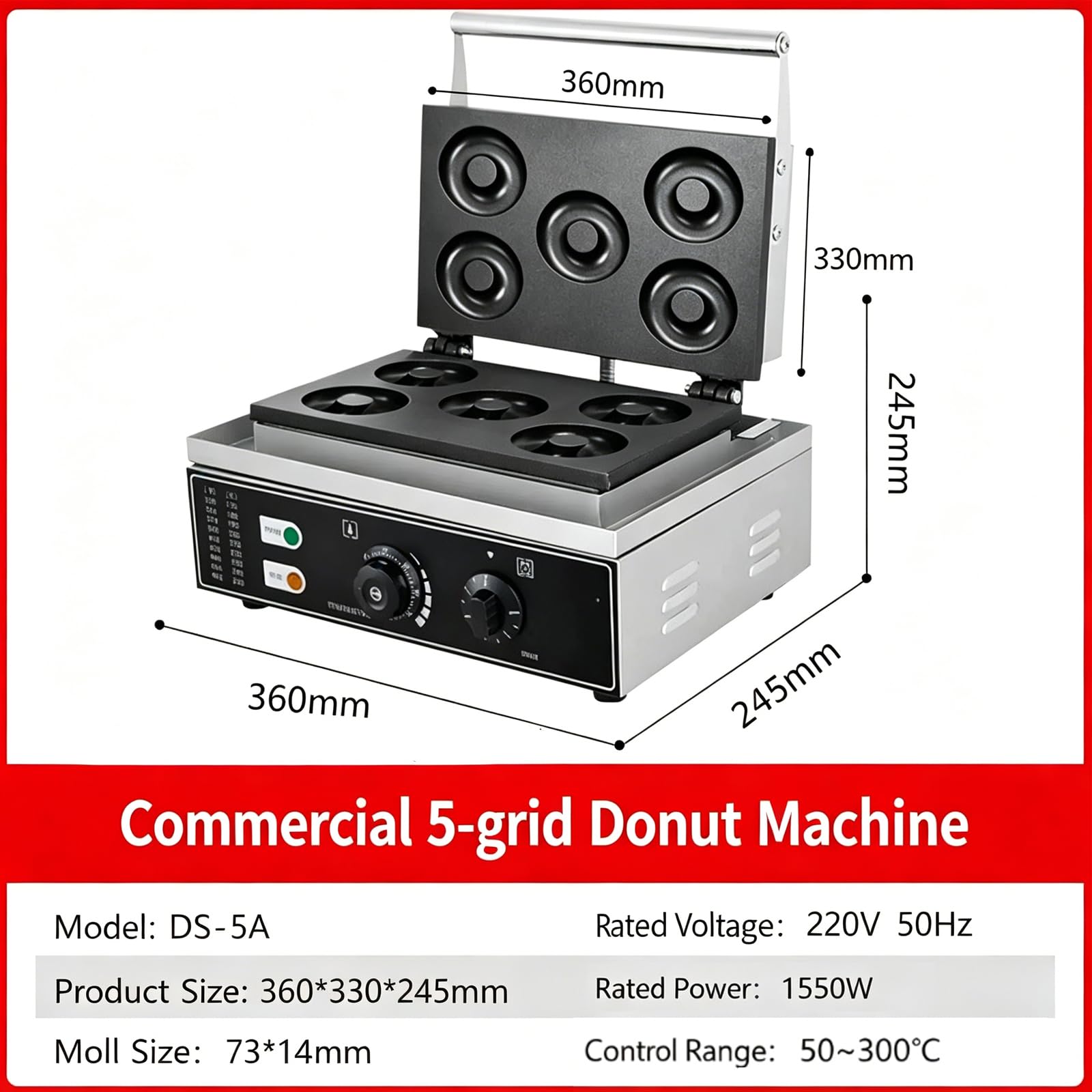 Machine à beignets électrique 1550 W avec contrôle de la température et du temps réglables, idéal pour la maison, le café, la boulangerie et le restaurant, 5 compartiments