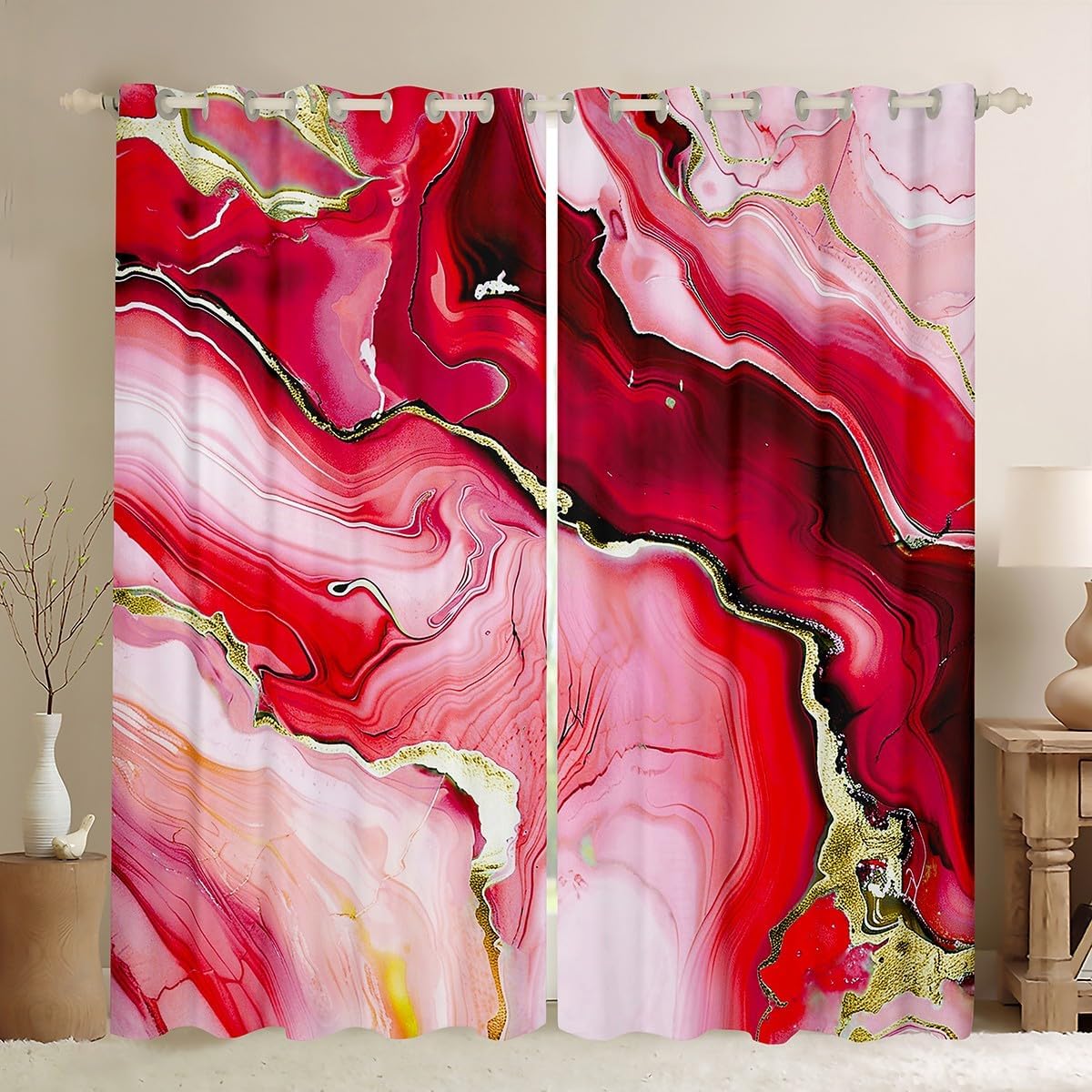 Feelyou Red Marble Curtains for Bedroom Living Room Red Gold Glitter Abstract Marbling Pastel Blackout Shades Luxury Room Darkening Curtain Window Treatments, 2 Panels 52 x 96 Inch Decor