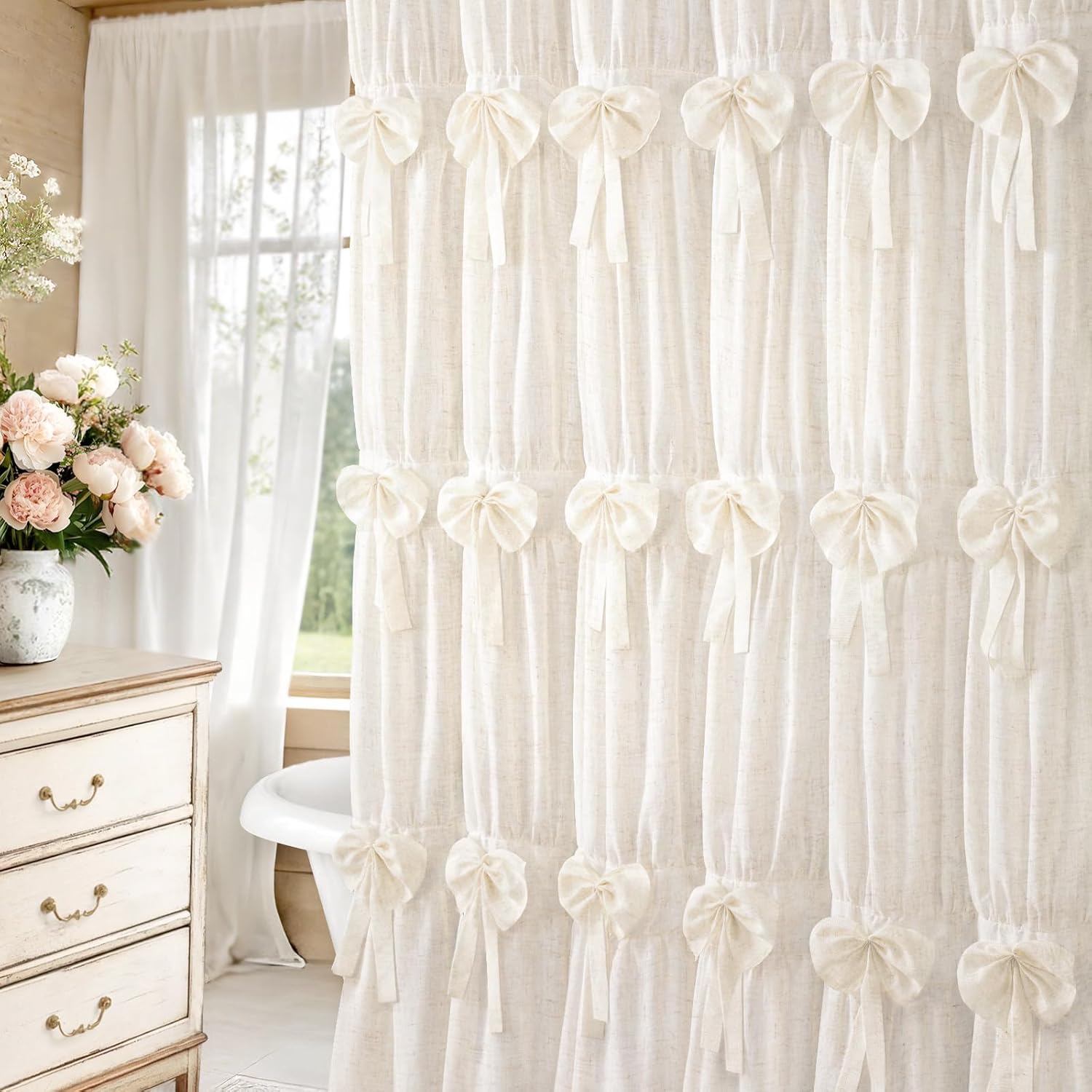 Farmhouse Bows Shower Curtain Cute Vintage Ruffle Shower Curtains for Bathroom,Cream,72" W x 84" L