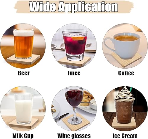 Miniatura 4 de SIJDIEE - 24 posavasos cuadrados de madera sin terminar, 4 pulgadas, posavasos de madera en blanco para manualidades con almohadillas de espuma