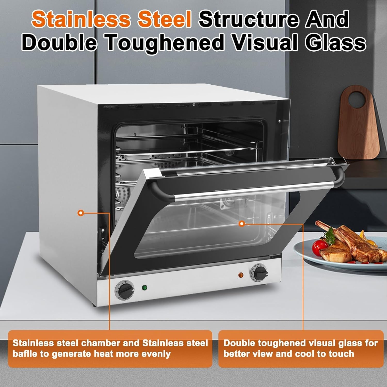 Commercial Covection Oven, 66Qt/62L, Half-Size Electric Convection Oven Contertop, 1750W, Enameled, Stainless Steel Chamber, 4-tier Toaster, for Catering, Perfect for Iftar, CSA Certified