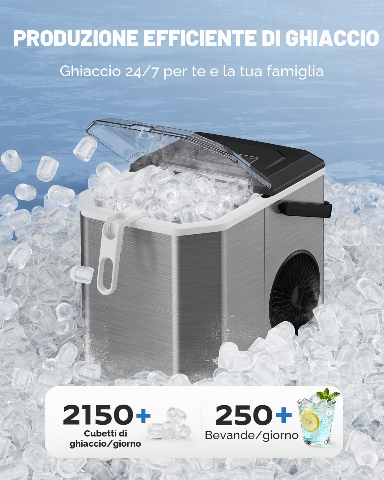 Silonn Macchina per il ghiaccio portatile, con manico per il trasporto, autopulente, con cestino e paletta, 9 cubi in 6 minuti, 12 kg al giorno, ideale per casa, cucina, campeggio, camper