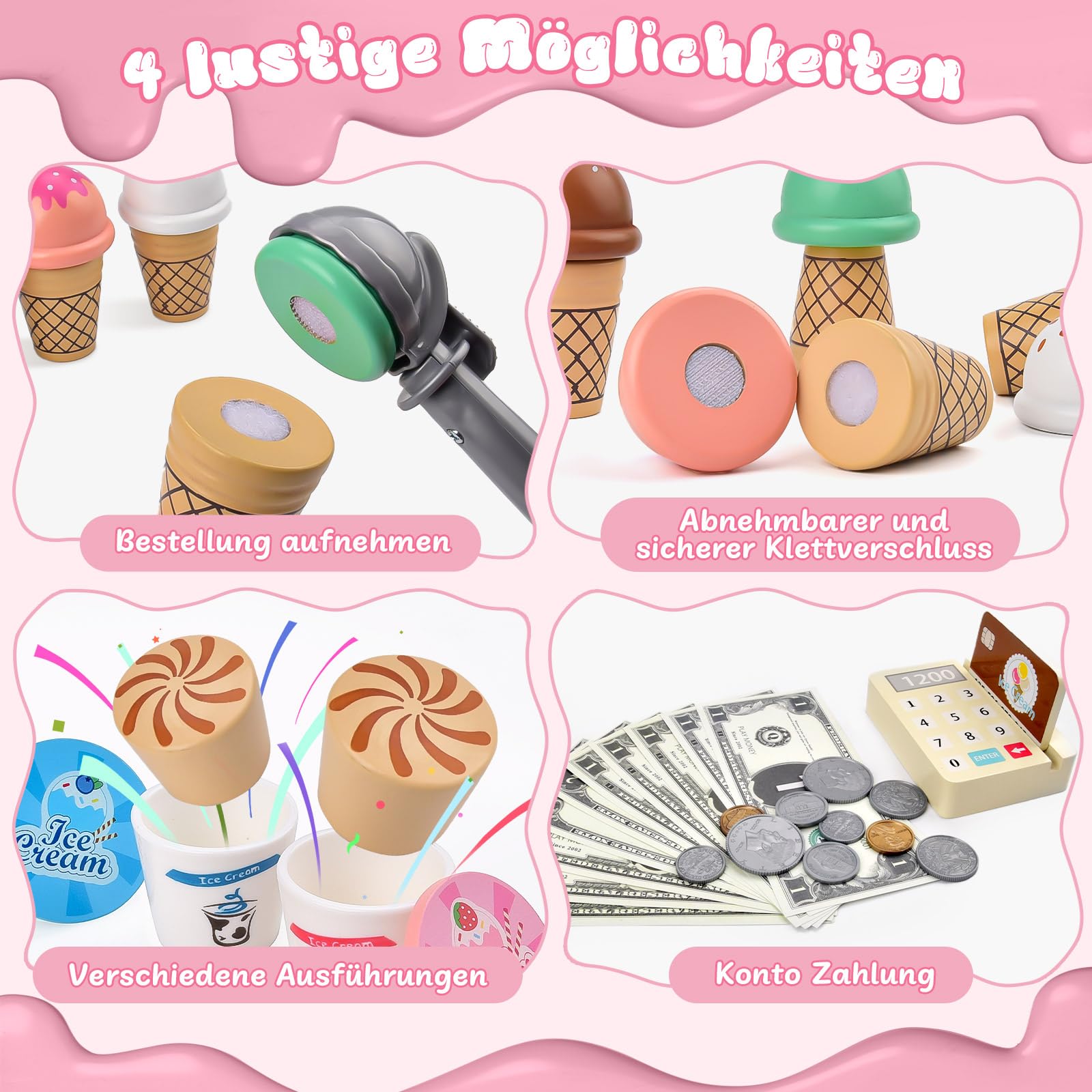 Qufby Gelateria in Legno, Set da Gelateria da 46 PCS, 8 Coni Gelato o 2 Coppe Gelato, Include Banconote e Monete Giocattolo, Calcolatrice e Carte di Credito, Regalo per Bambine di 3, 4, 5, 6 Anni