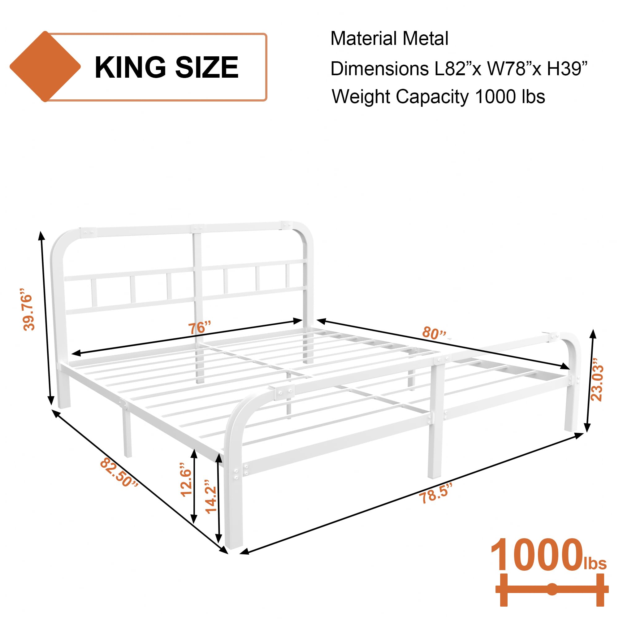 King ONEMO 14 Inch King Bed Frame with Headboard and Footboard Metal