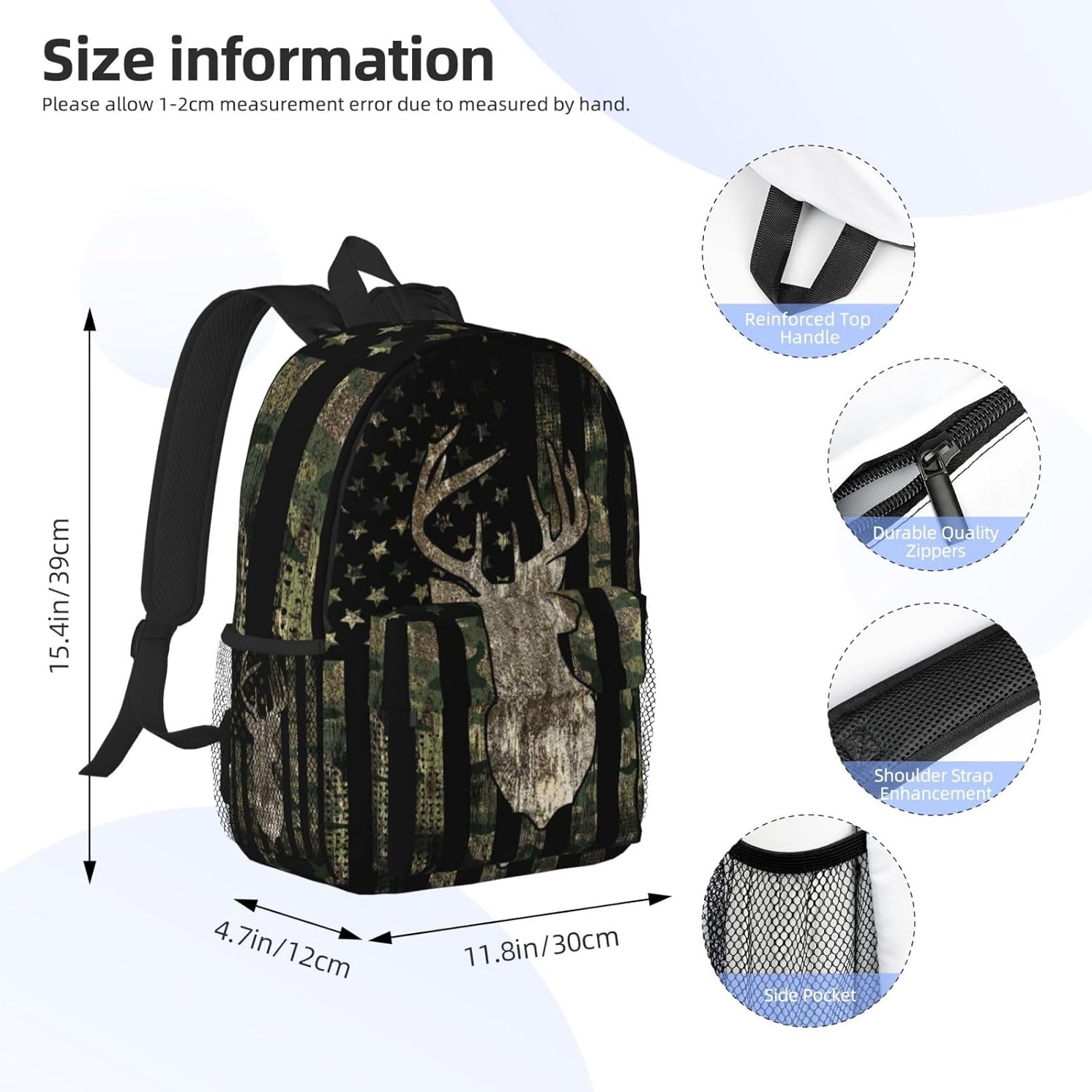 Camouflage Hunting Tactical Deer Camo American Flag 15 Inch Backpack Laptop Travel Bag For Men Women With Multiple Pockets Casual Hiking Gym Sport - Image 4