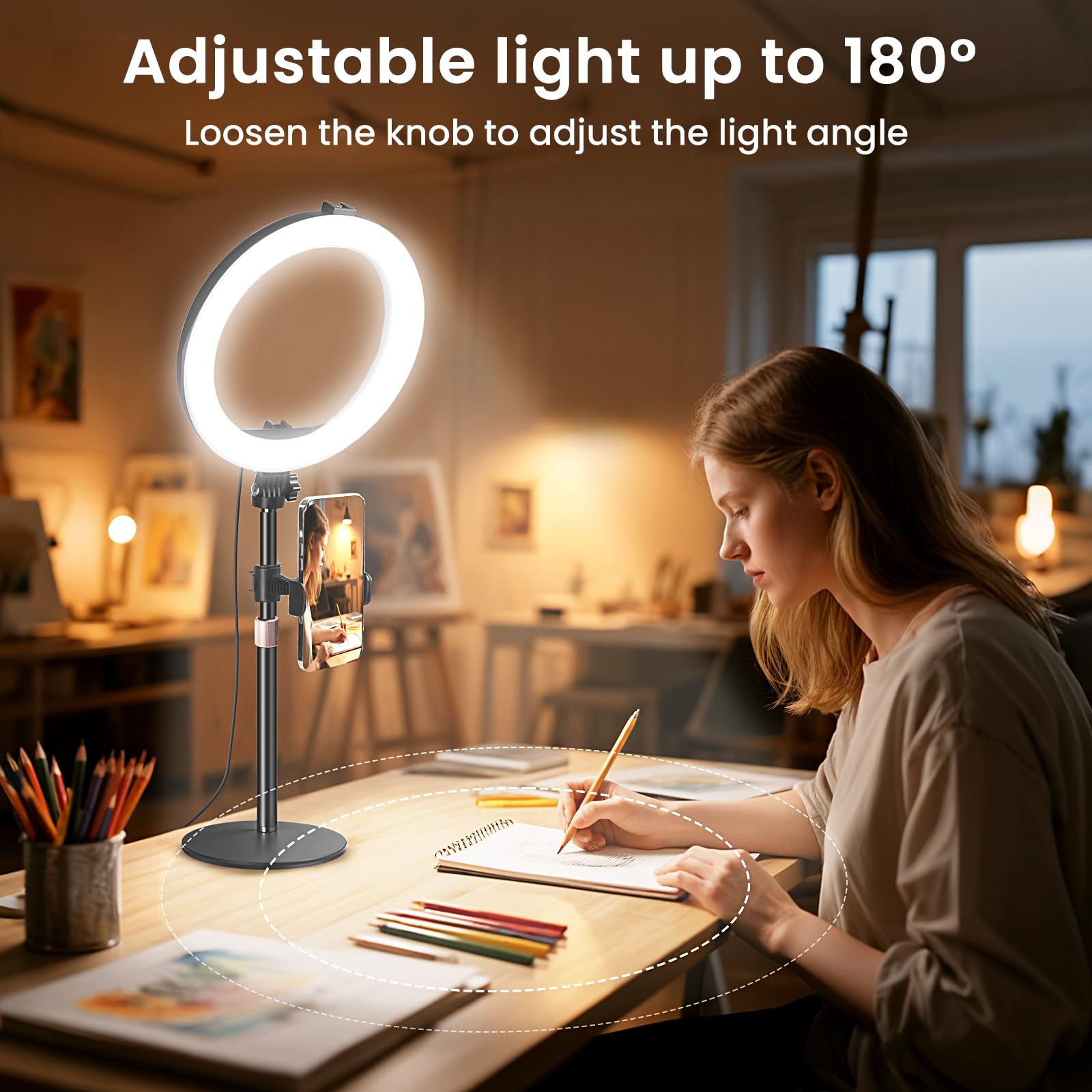 MACTREM Luce ad anello da scrivania da 25,4 cm con supporto, luce LED circolare da tavolo con supporto per telefono, per riunioni con zoom del computer, luce per videochiamate per conferenze