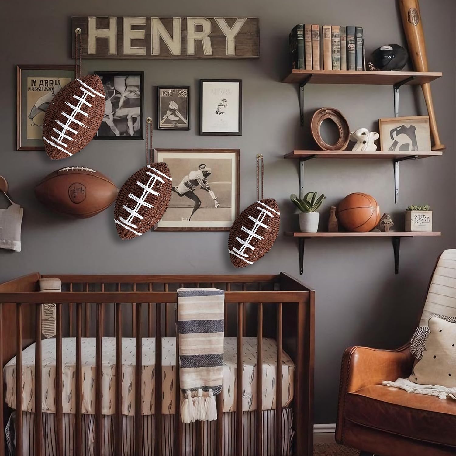 3 Pcs Woven Football Hanging Decor, Handmade Rustic Rattan Football Wall Decor for Boys Room, Man Cave, Game Room, Sports Theme Gifts, DIY Craft Project, Game Day Club Birthday Party Supplies