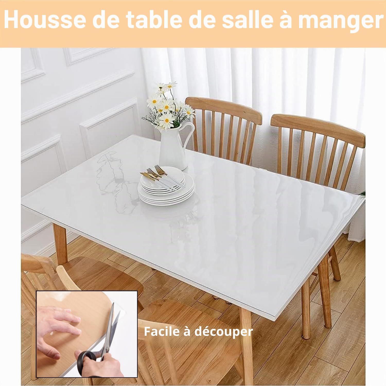Nappe de table en PVC transparent,200x100 cm,2 mm d'épaisseur,Protection de table en plastique transparent,Imperméable et résistante à l'huile,Pour la cuisine, la salle à manger, le bureau