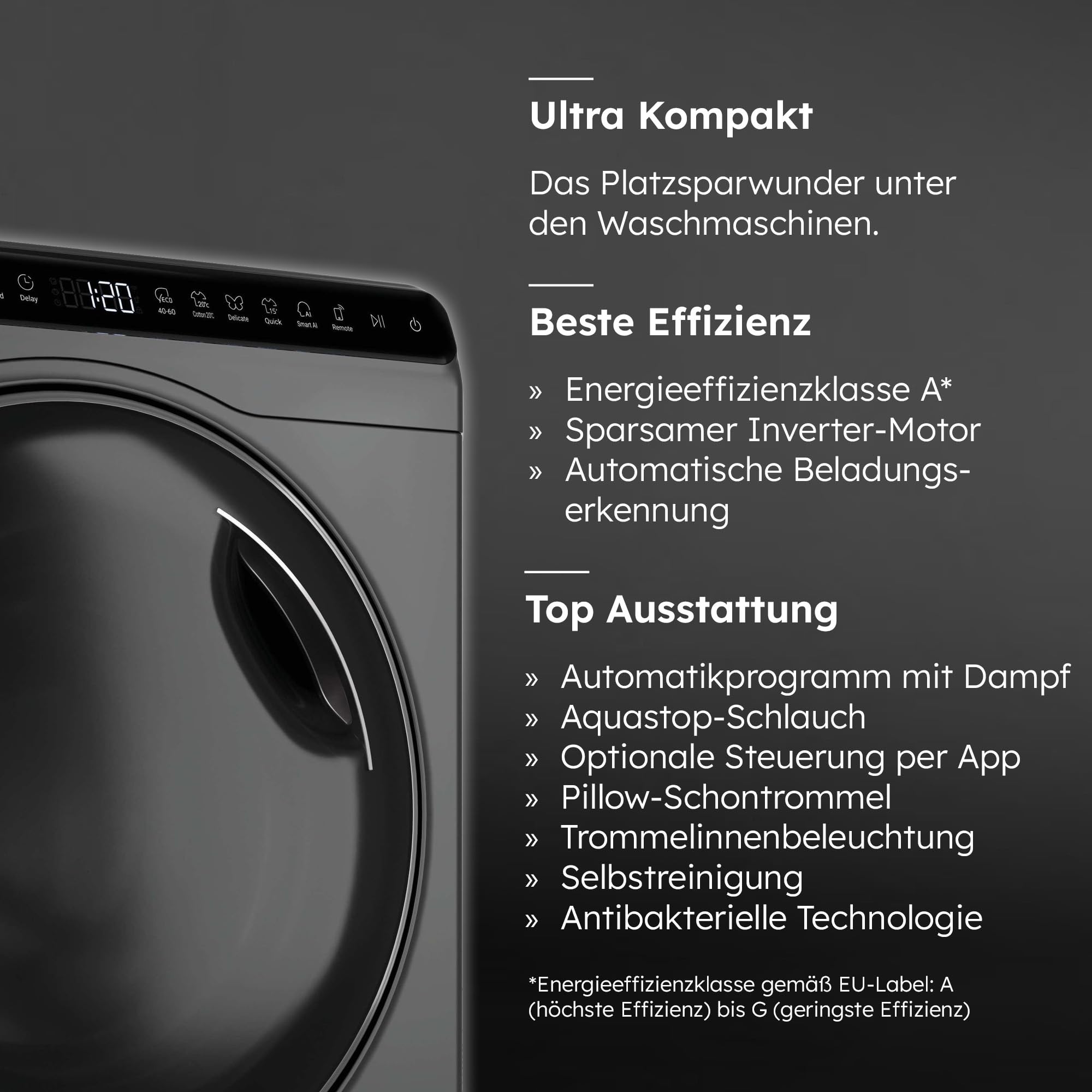 Haier Mini-Waschmaschine 5kg 51cm Breite 70cm Höhe 1200 U/Min Inverter-Motor A-Effizienz HW50-BP12307GU1