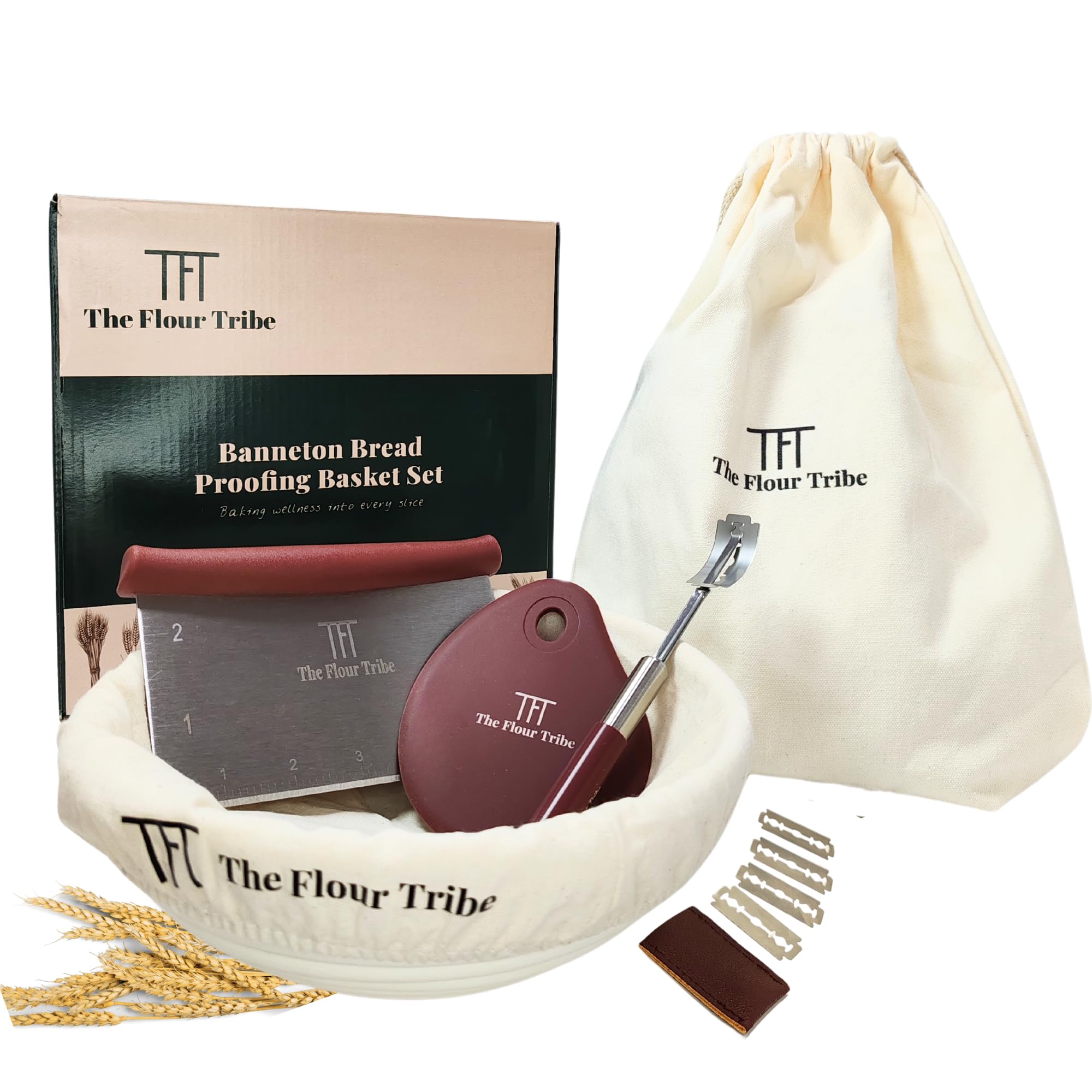 Banneton Bread Proofing Basket: Sourdough Bread Baking Supplies, Sourdough Starter Kit, Bread Making Supplies Tools, Baking Gift Set, 9 inch round rattan Basket, bread bag, dough scraper, scoring lame