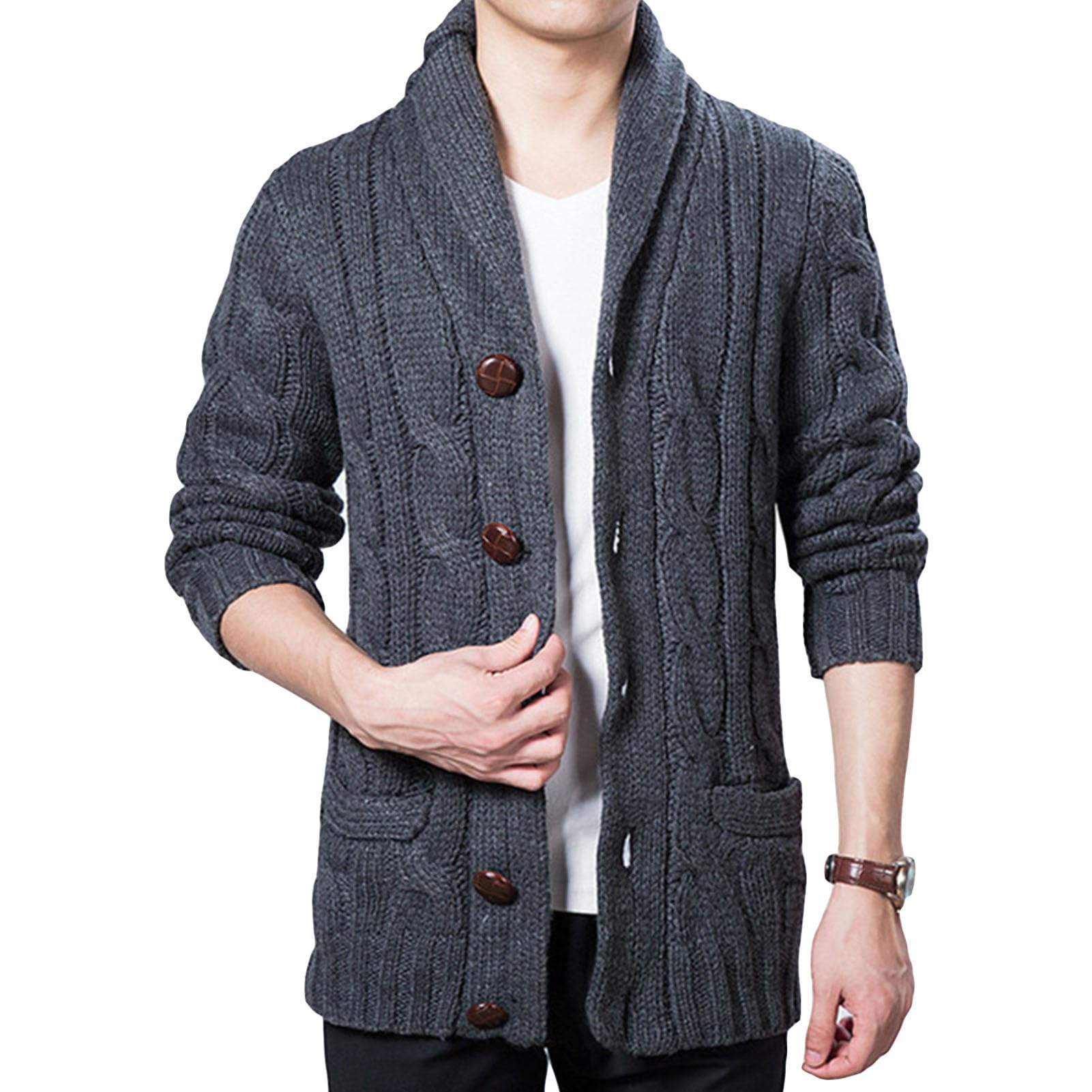 Pull à boutons en maille torsadée pour hommes avec poches confort