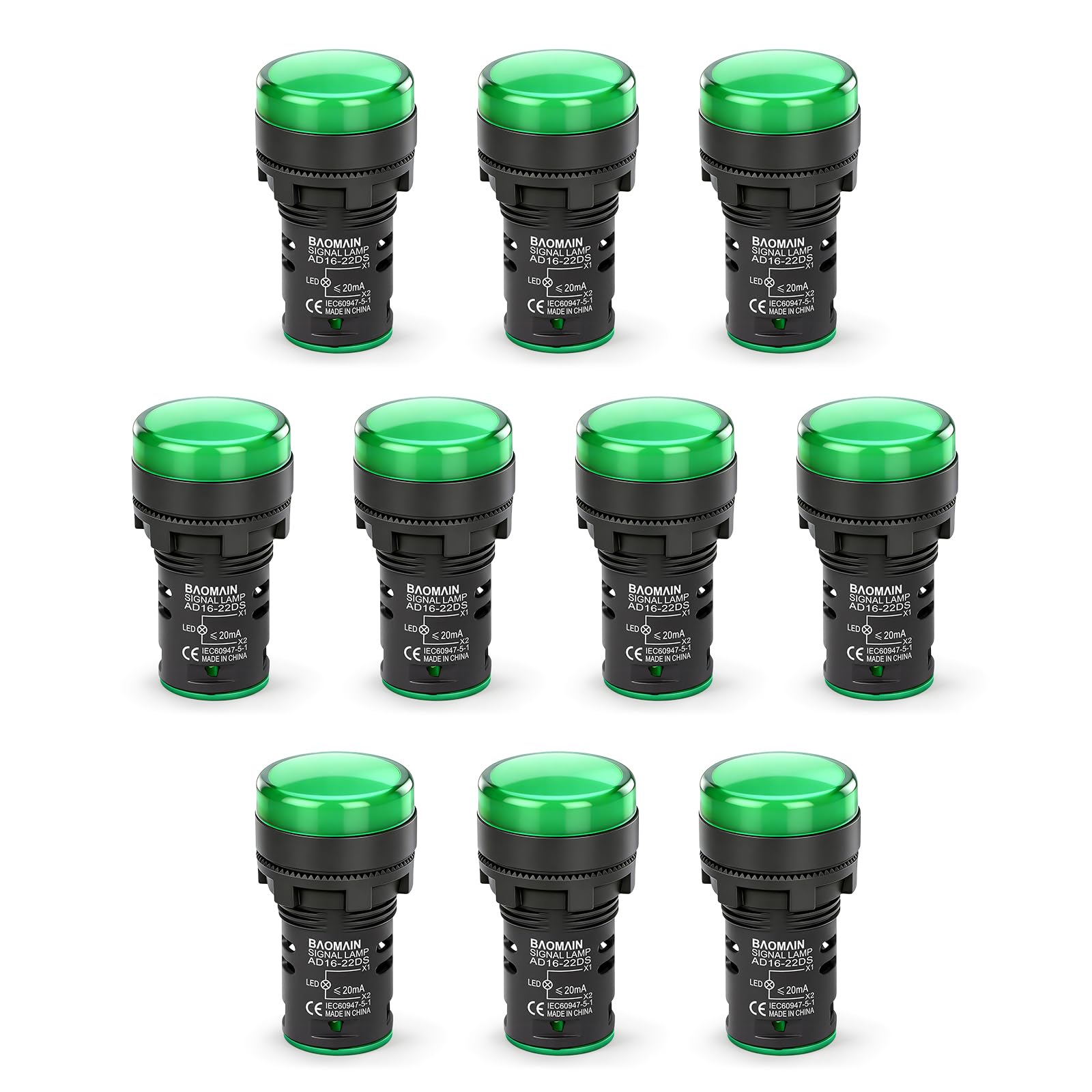BAOMAIN 110V 22mm LED Industrial Indicator Pilot Light Green 10-Pack