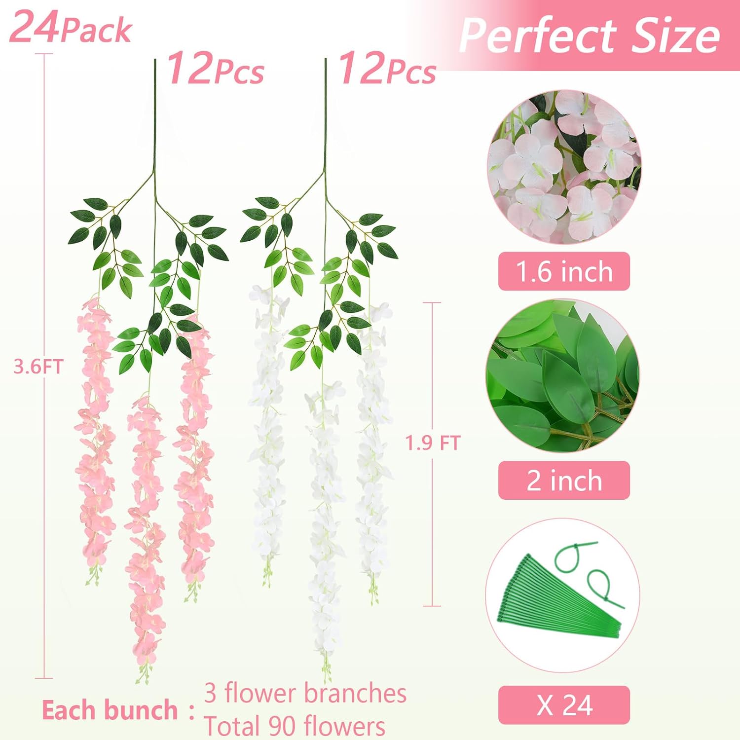 24Pcs Artificial Wisteria Hanging Flowers, 3.6Ft/Pcs White & Pink Fake Wisteria Garland for Wedding Party Home Garden Indoor Outdoor Decoration