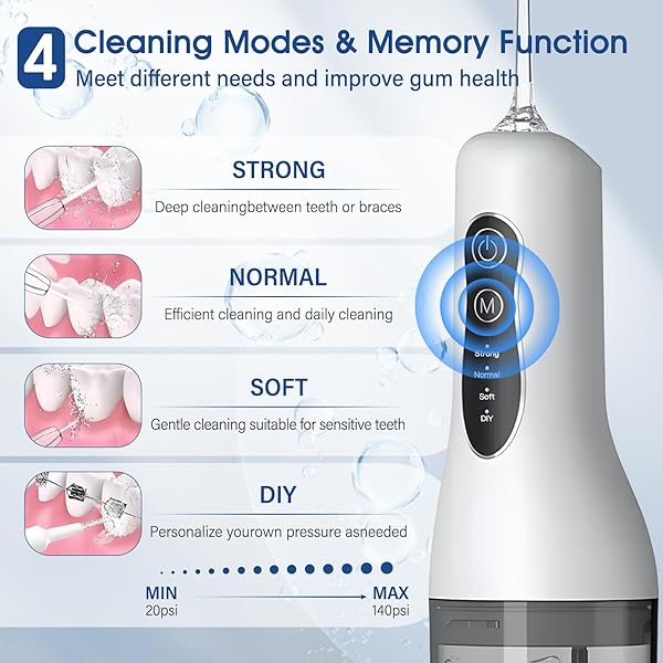 Irrigador Dental, Irrigador Bucal Portatil, 260ML Water Flosser Profesional, 4 Modos 5 Boquillas, Impermeable USB Recargable,20-140 PSI para Limpieza Dientes,Para el Hogar y los Viajes,IPX7 - 2
