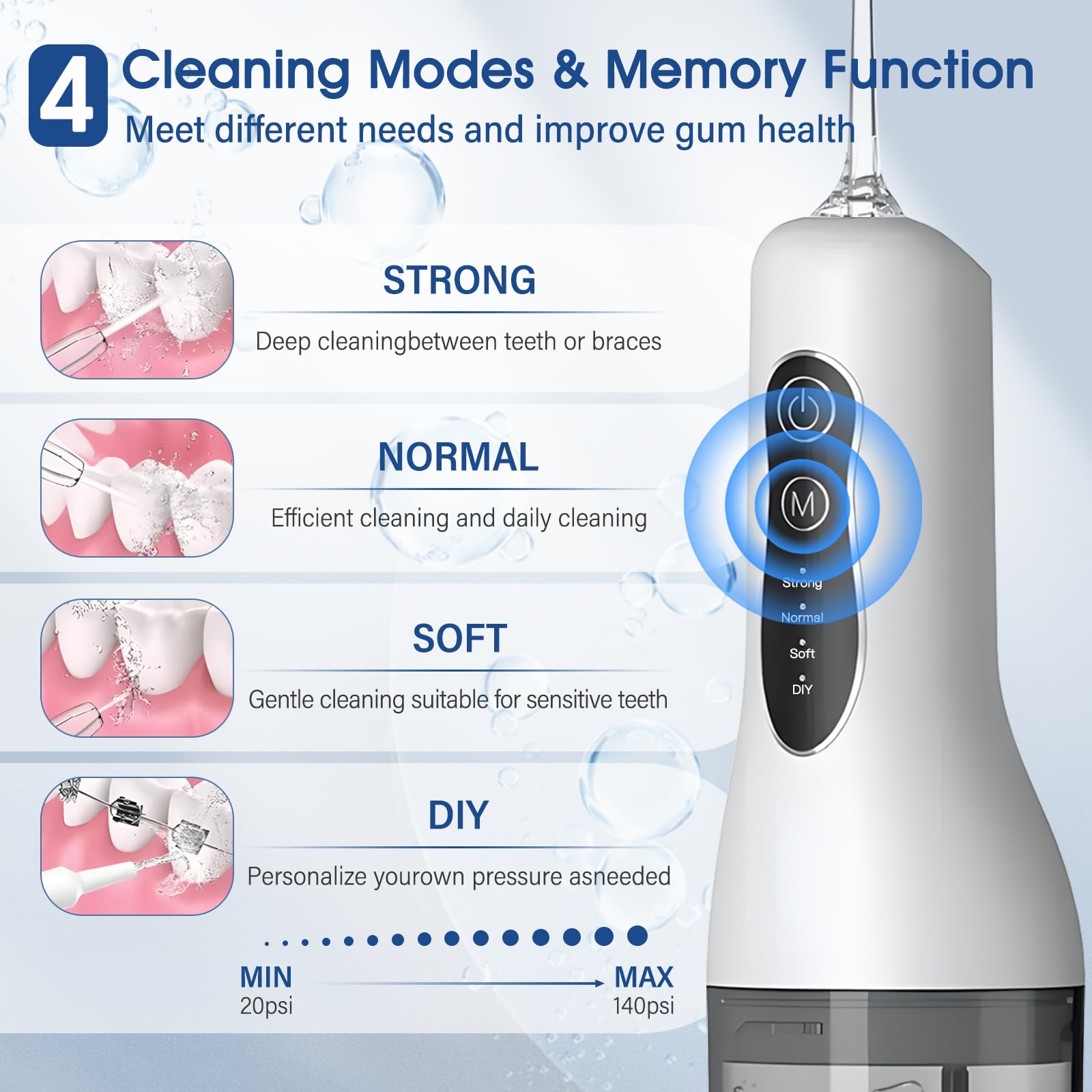 Irrigador Dental, Irrigador Bucal Portatil, 260ML Water Flosser Profesional, 4 Modos 5 Boquillas, Impermeable USB Recargable,20-140 PSI para Limpieza Dientes,Para el Hogar y los Viajes,IPX7 - 3