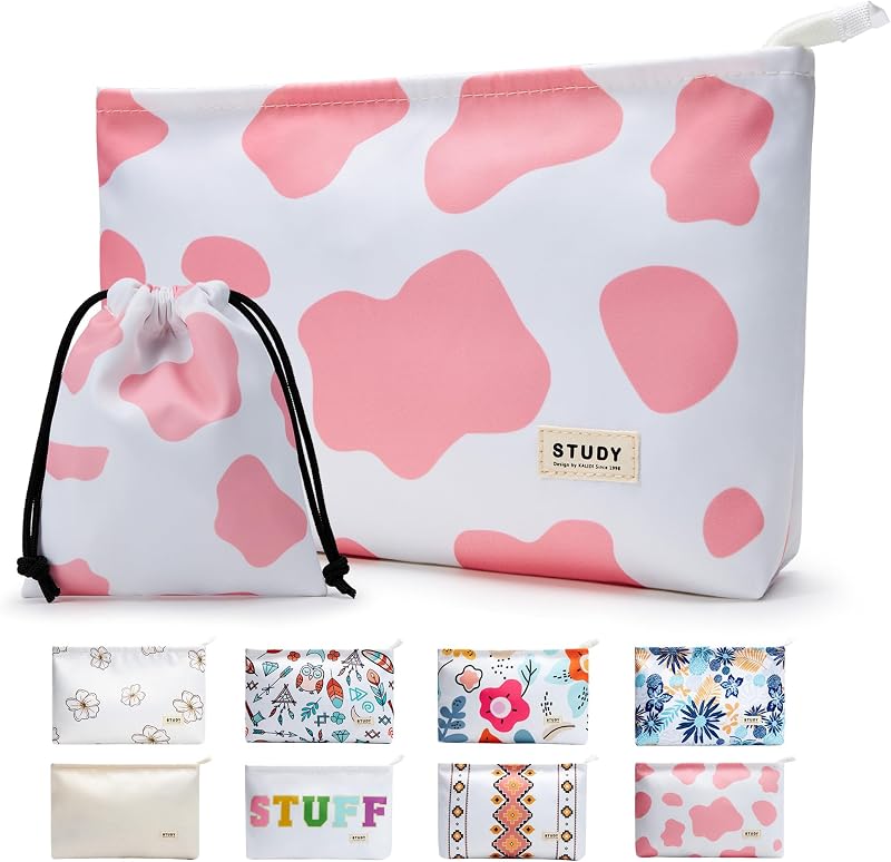 Necessaires de maquiagem WLLWOO WLLWOO com zíper, nylon, estampa Pink Cow, pacote com 2