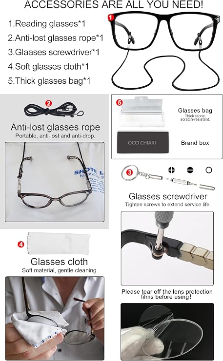 OCCI CHIARI Classic Men's Reading Glasses 1.5, Rectangle Readers for Men, Medium Frame Glasses for Reading Spring Hinge (Light Black,150)