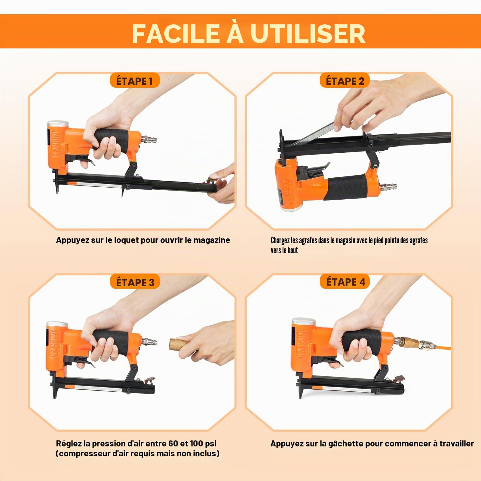 KAMSIN KN7116 Agrafeuse pneumatique pour meubles, calibre 22 Type 71, couronne de 9,0 mm, agrafeuse pneumatique pour meubles, tissus, bricolage