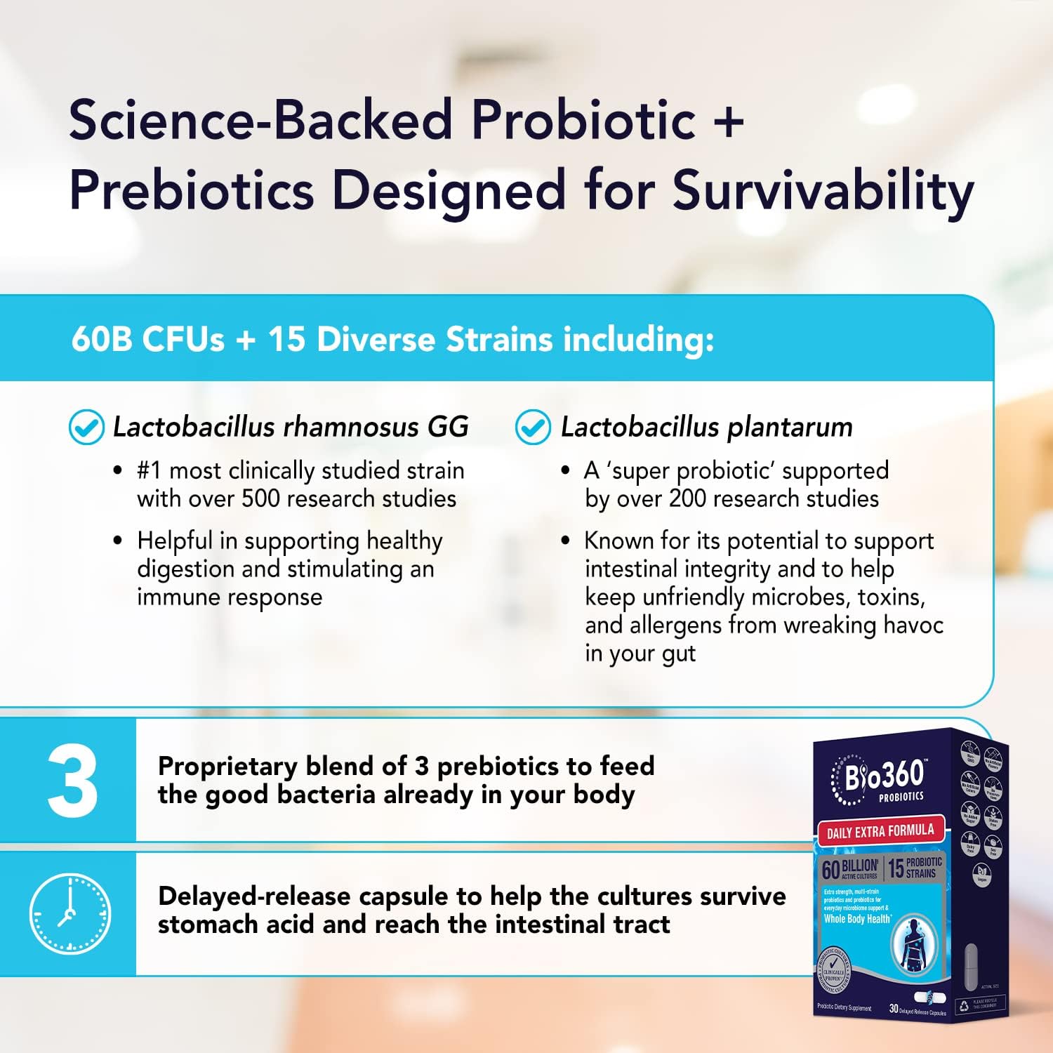 Bio360 Probiotic Daily Extra Formula, Vegan Prebiotics and Probiotics for Women & Men 60 Billion CFU 15 Strain, May Support Occasional Constipation, Diarrhea, Gas & Bloating, (2 Pack